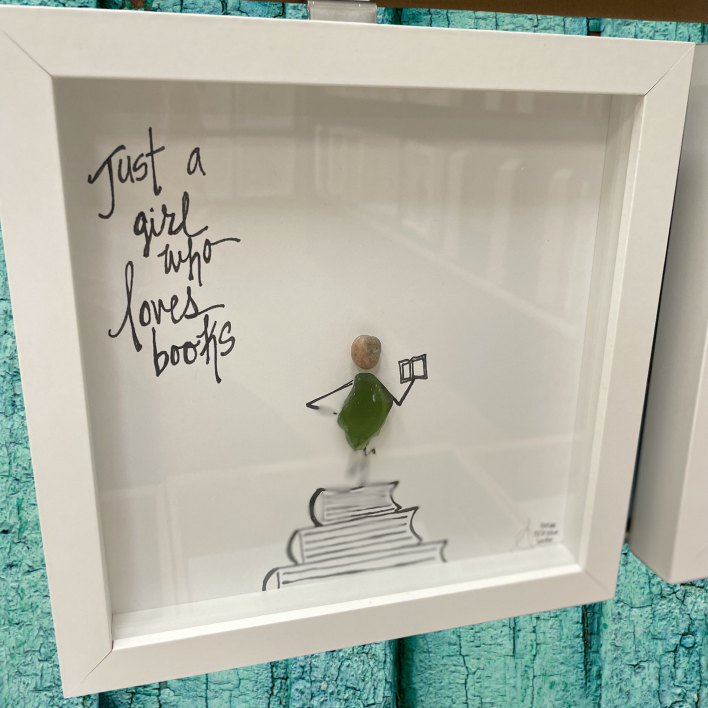 Girl Who Loves Books - Sea Glass Art, Book Club Gift, Book Nook Decor, 8x8 framed