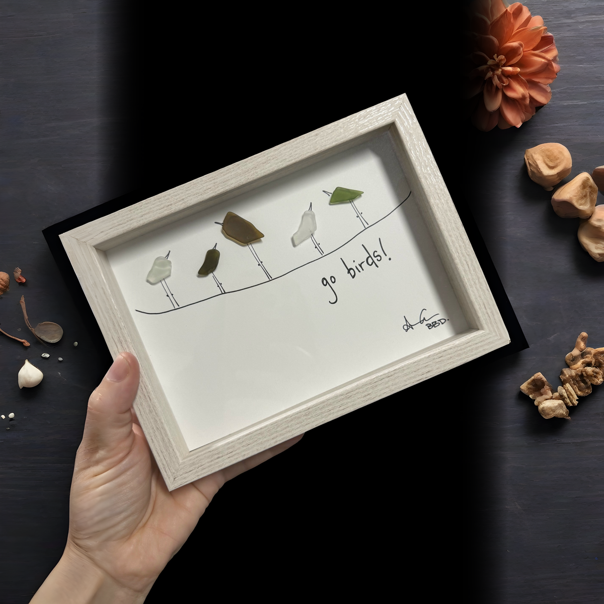 Go Birds, Eagles Football - SLIM Sea Glass Art,  5x7 Whitewash Frame