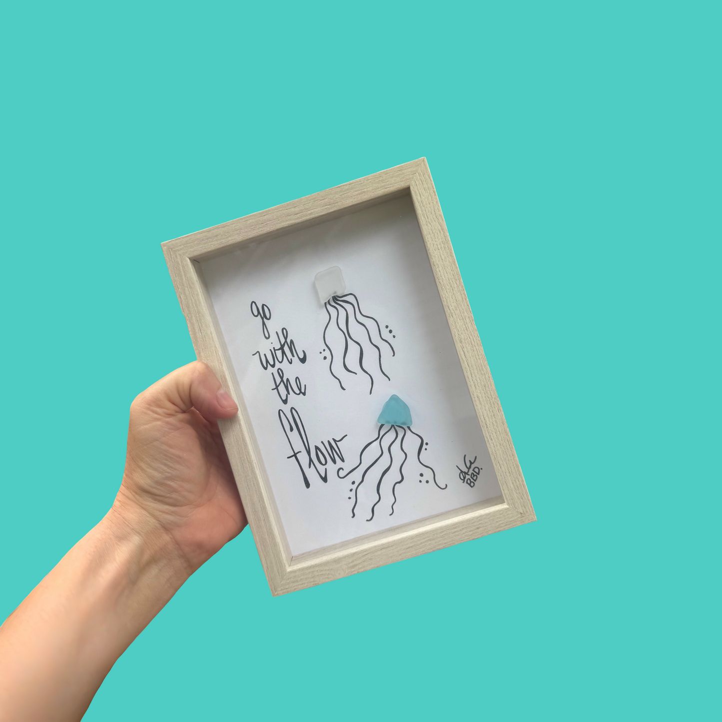 Go With The Flow Jellyfish Couple - SLIM Sea Glass Art,  5x7 Whitewash Frame