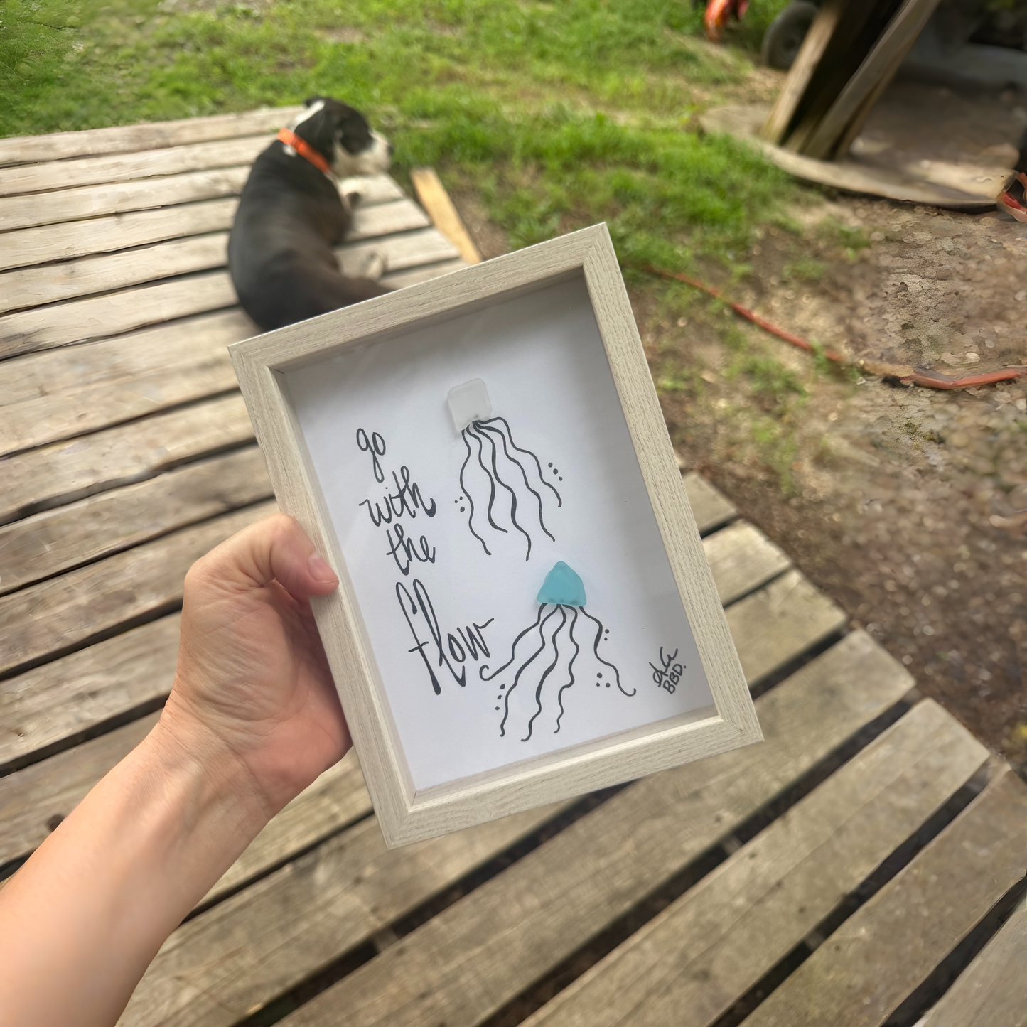 Go With The Flow Jellyfish Couple - SLIM Sea Glass Art,  5x7 Whitewash Frame