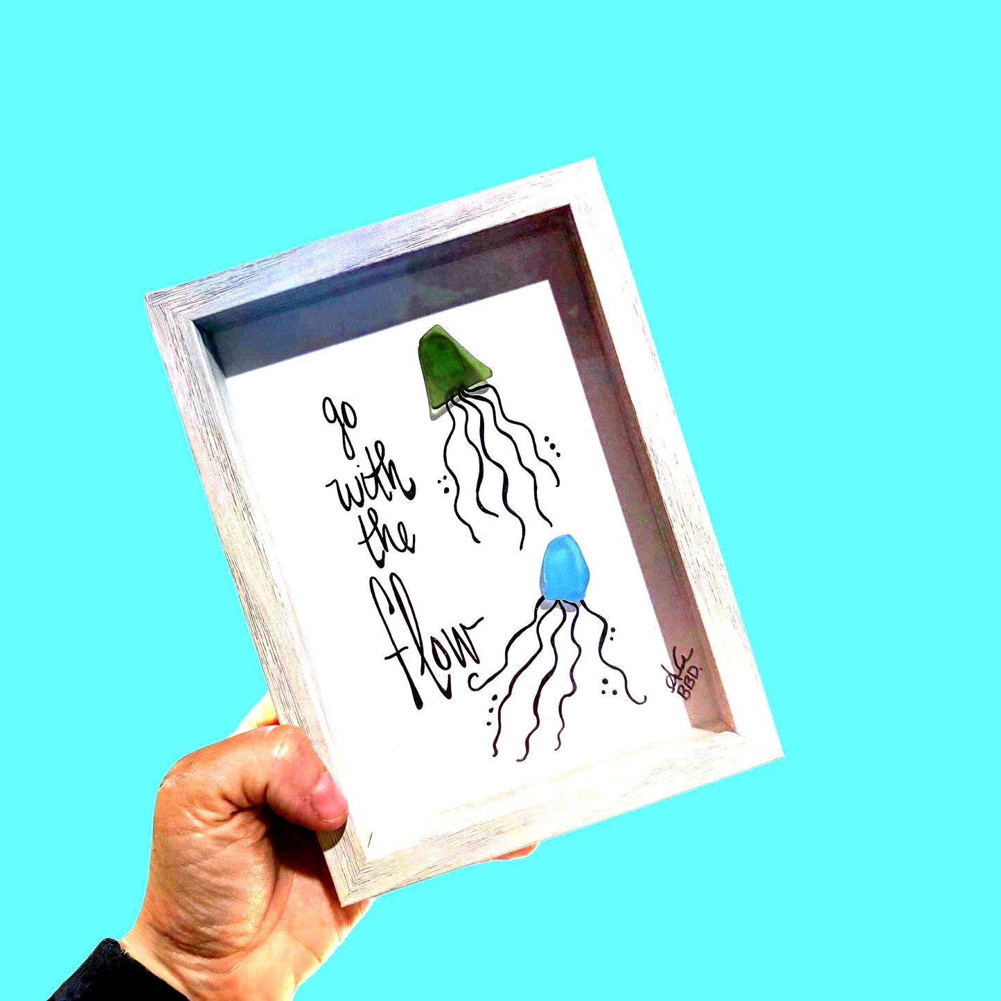 Go With The Flow Jellyfish Couple - SLIM Sea Glass Art,  5x7 Whitewash Frame