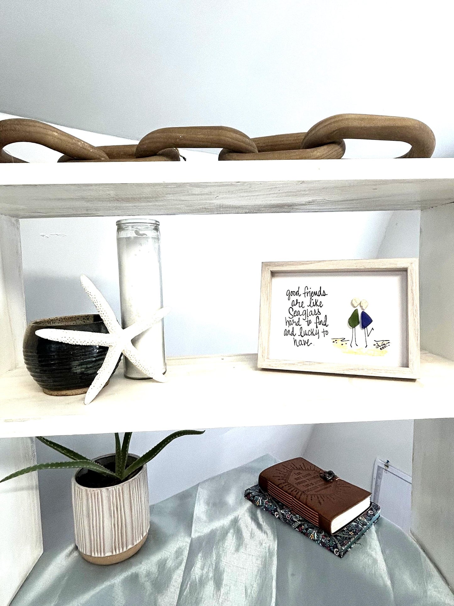 Good Friends Are Like Sea Glass  - SLIM Sea Glass Art,  5x7 Whitewash Frame