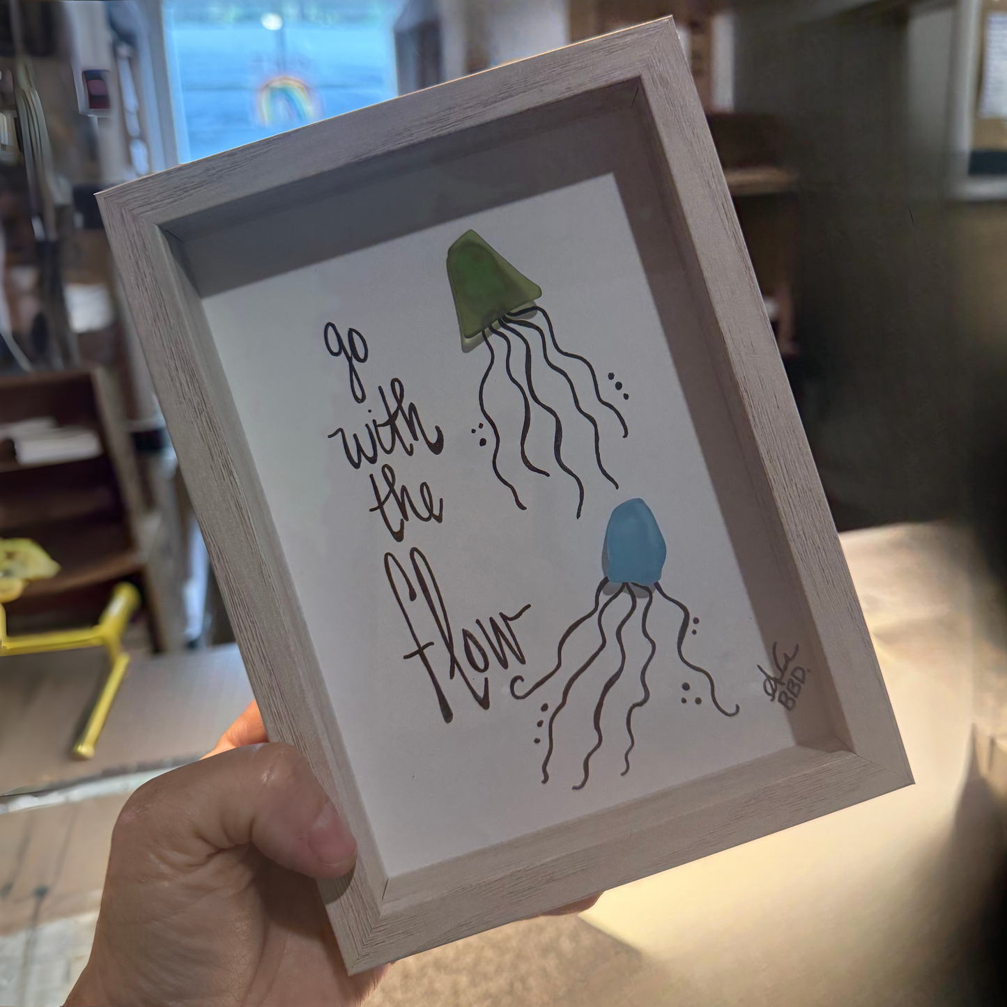 Go With The Flow Jellyfish Couple - SLIM Sea Glass Art,  5x7 Whitewash Frame