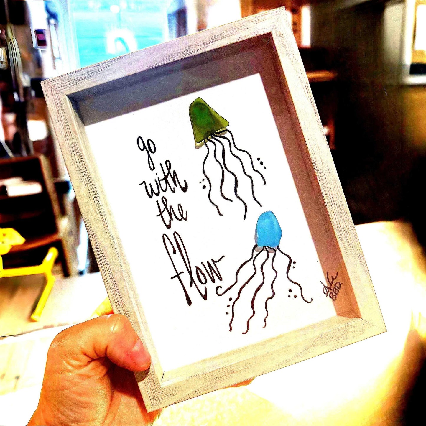Go With The Flow Jellyfish Couple - SLIM Sea Glass Art,  5x7 Whitewash Frame