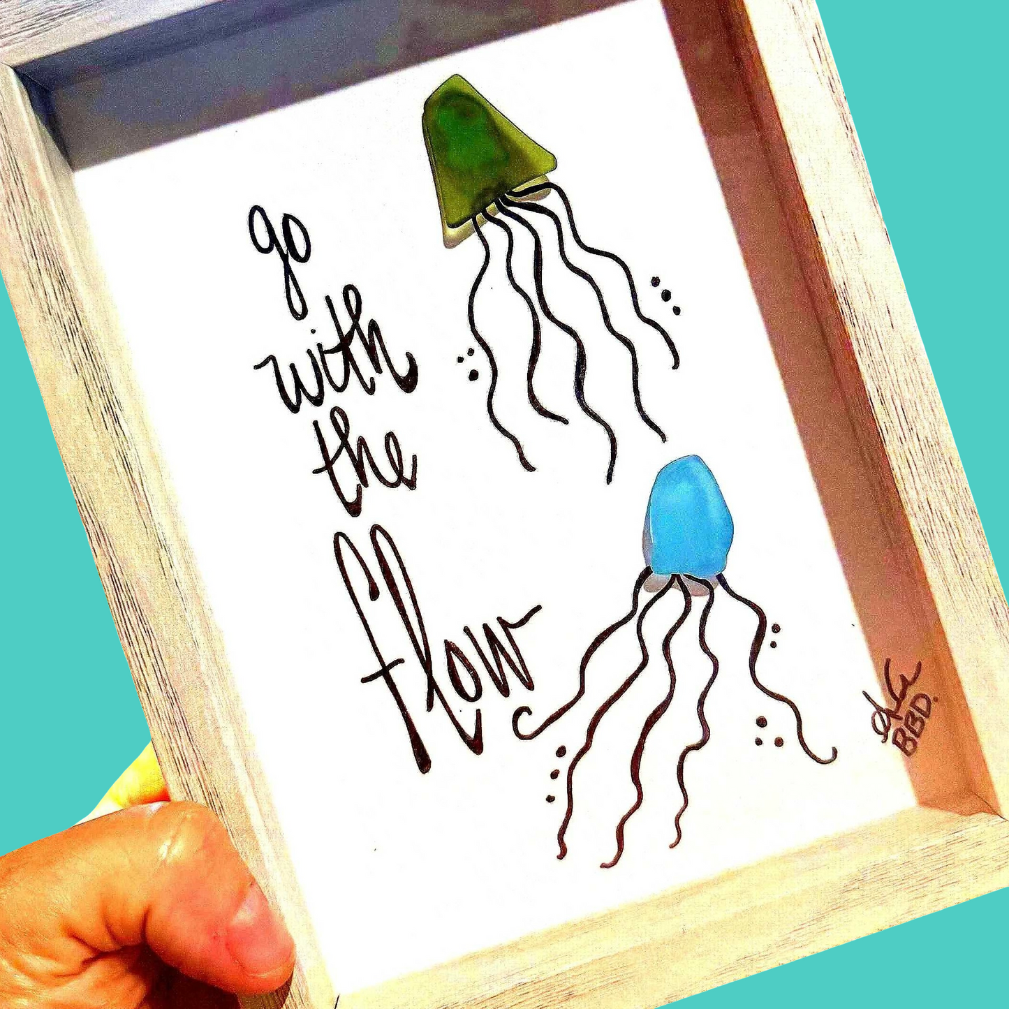 Go With The Flow Jellyfish Couple - SLIM Sea Glass Art,  5x7 Whitewash Frame