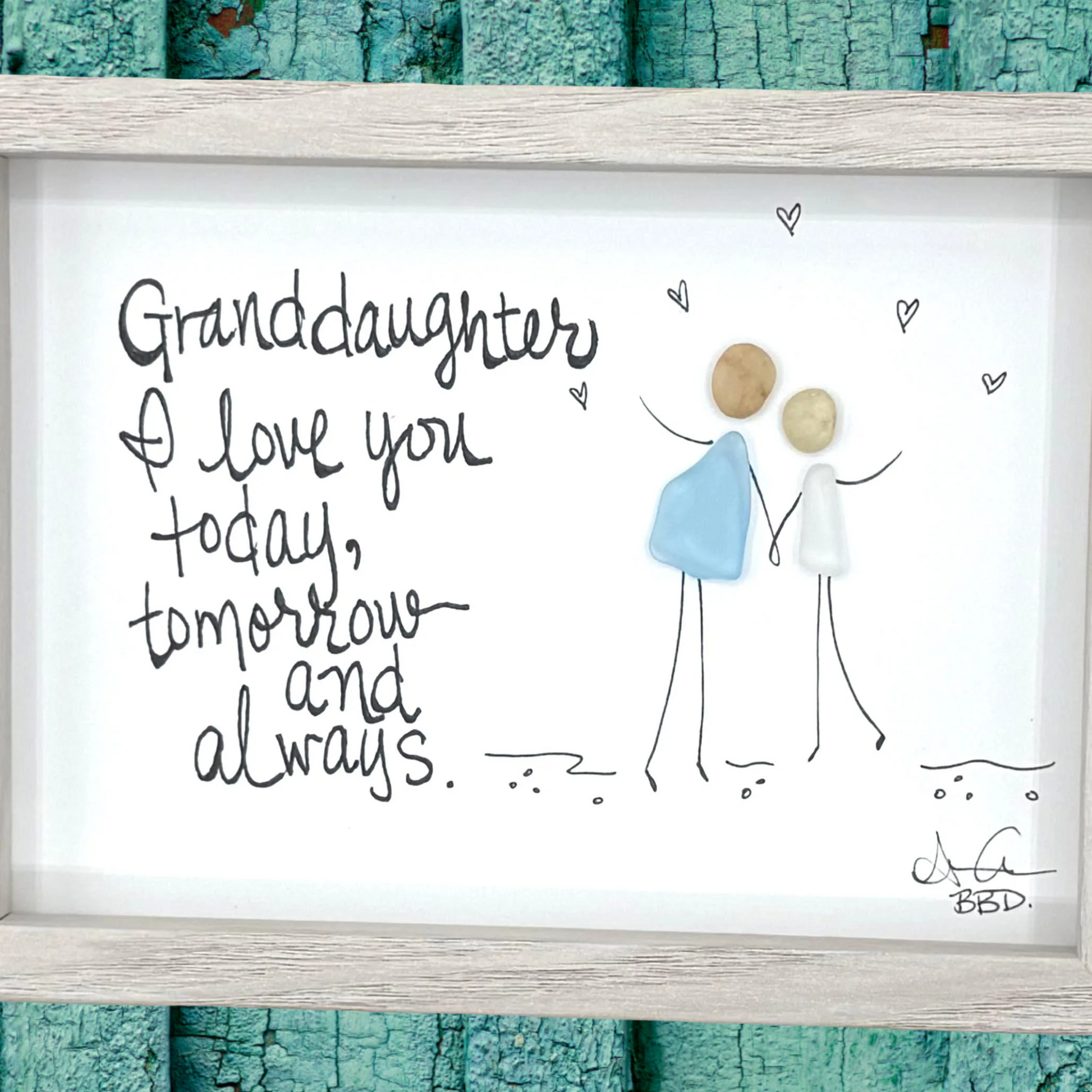 granddaughter_love_5x7 white wash on fence zoom in granddaughter i love you today, tomorrow and always - two sea glass people holding hands on the hand drawn beach with hearts