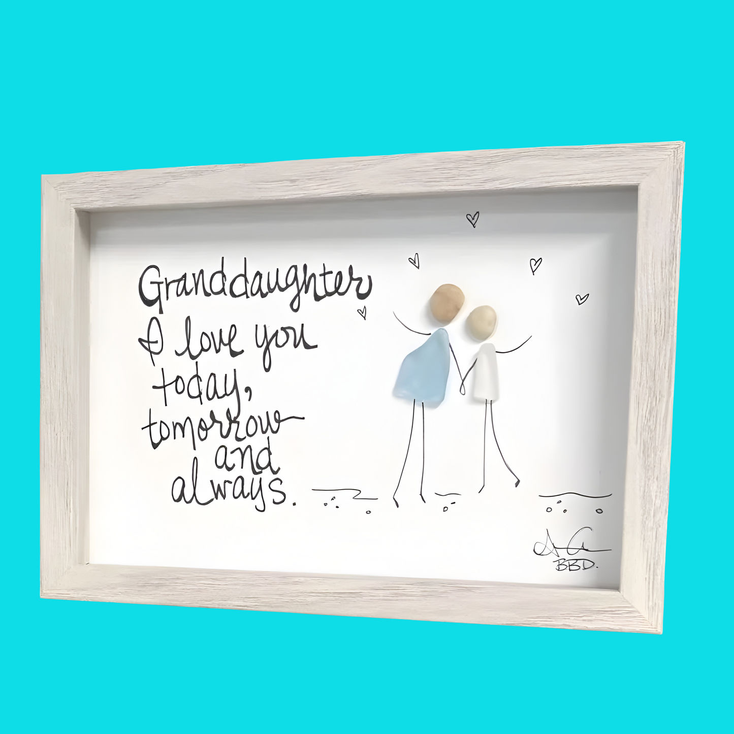 Granddaughter Love - SLIM Sea Glass Art,  5x7 Whitewash Frame