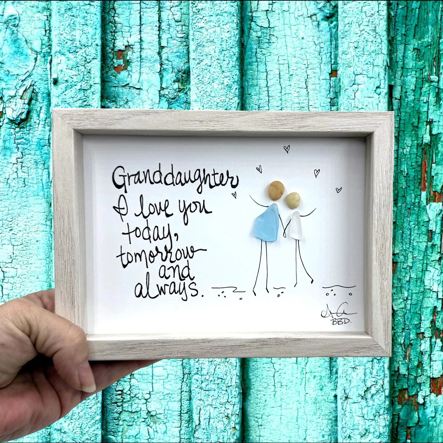 Granddaughter Love - SLIM Sea Glass Art,  5x7 Whitewash Frame