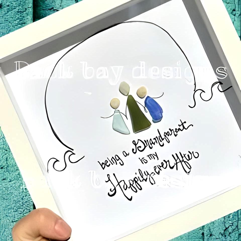 Grandparent Happily Ever After - Family Sea Glass Art, Grandmother Grandfather Gift, 8x8 framed