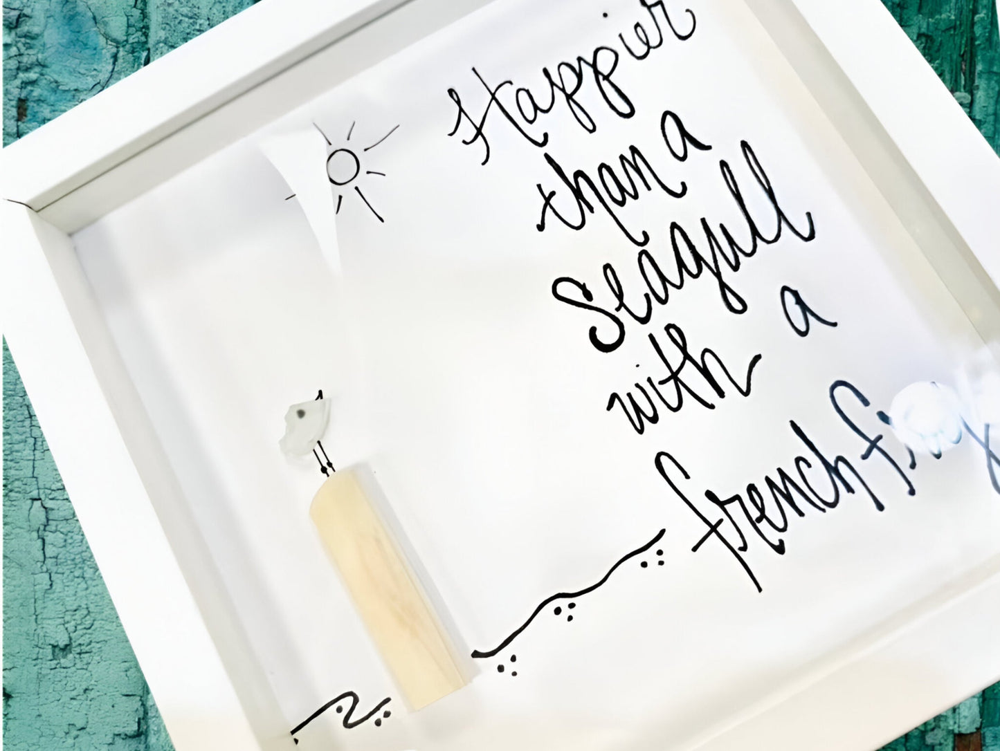 happier than a seagull with a french fry 8 inch sea glass art by BBD