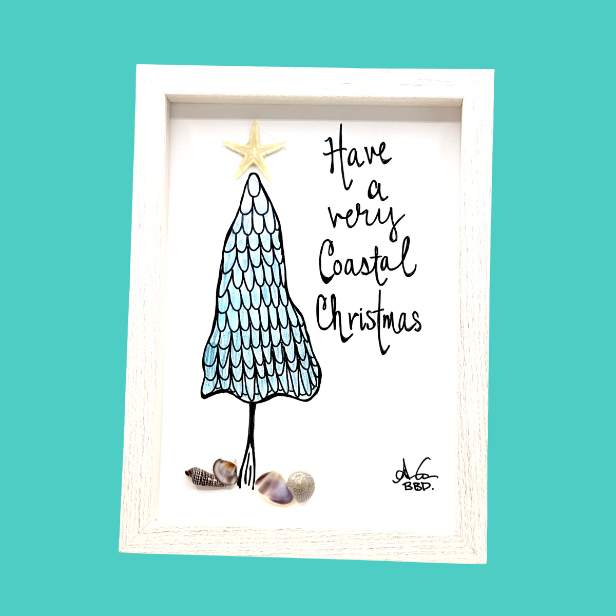 Have A Very Coastal Christmas - SLIM Sea Glass Art,  5x7 Whitewash Frame
