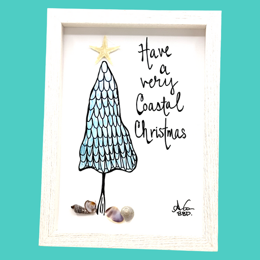 "Have a very coastal Christmas" hand drawn Christmas tree with mermaid scales, real starfish topper, and real sea shell presents under the tree 