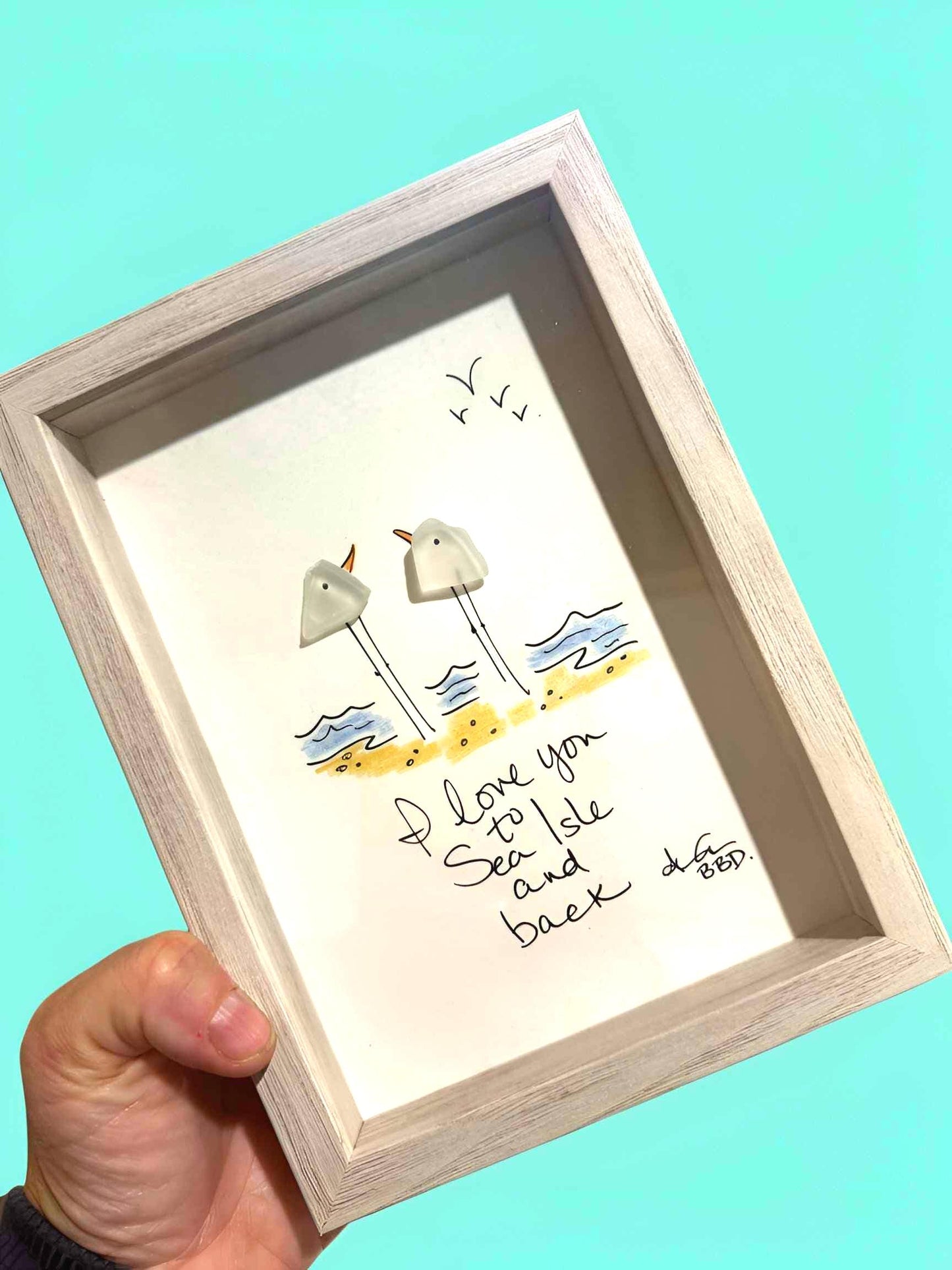 I love you to Sea Isle and Back - SLIM Sea Glass Art,  5x7 Whitewash Frame