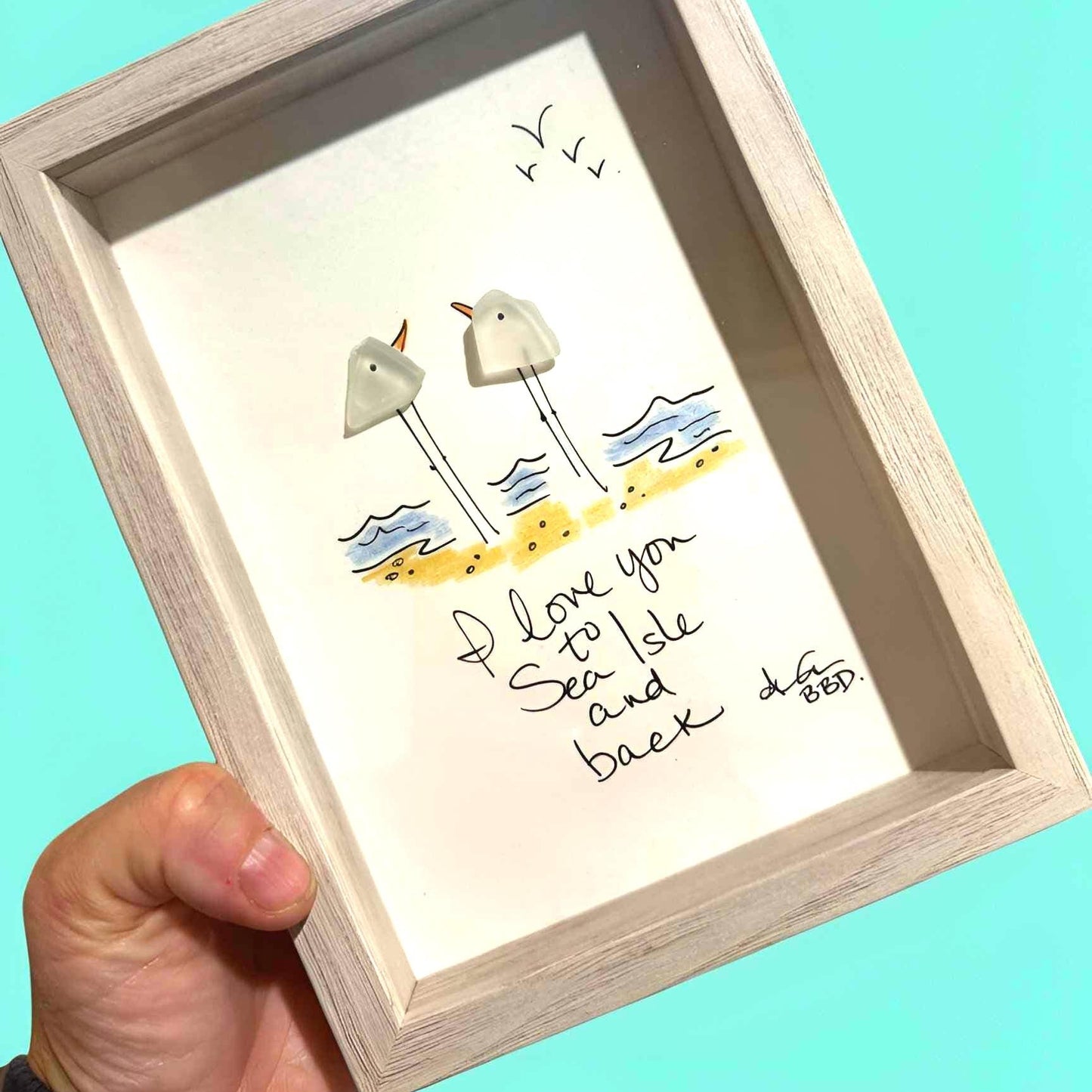 I love you to Sea Isle and Back - SLIM Sea Glass Art,  5x7 Whitewash Frame