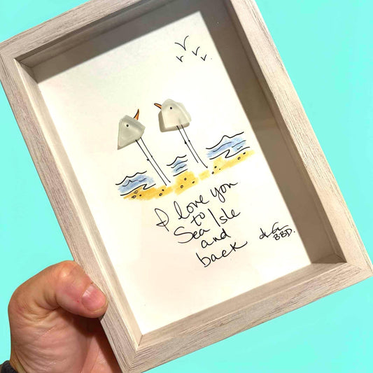 I love you to Sea Isle and Back - SLIM Sea Glass Art,  5x7 Whitewash Frame
