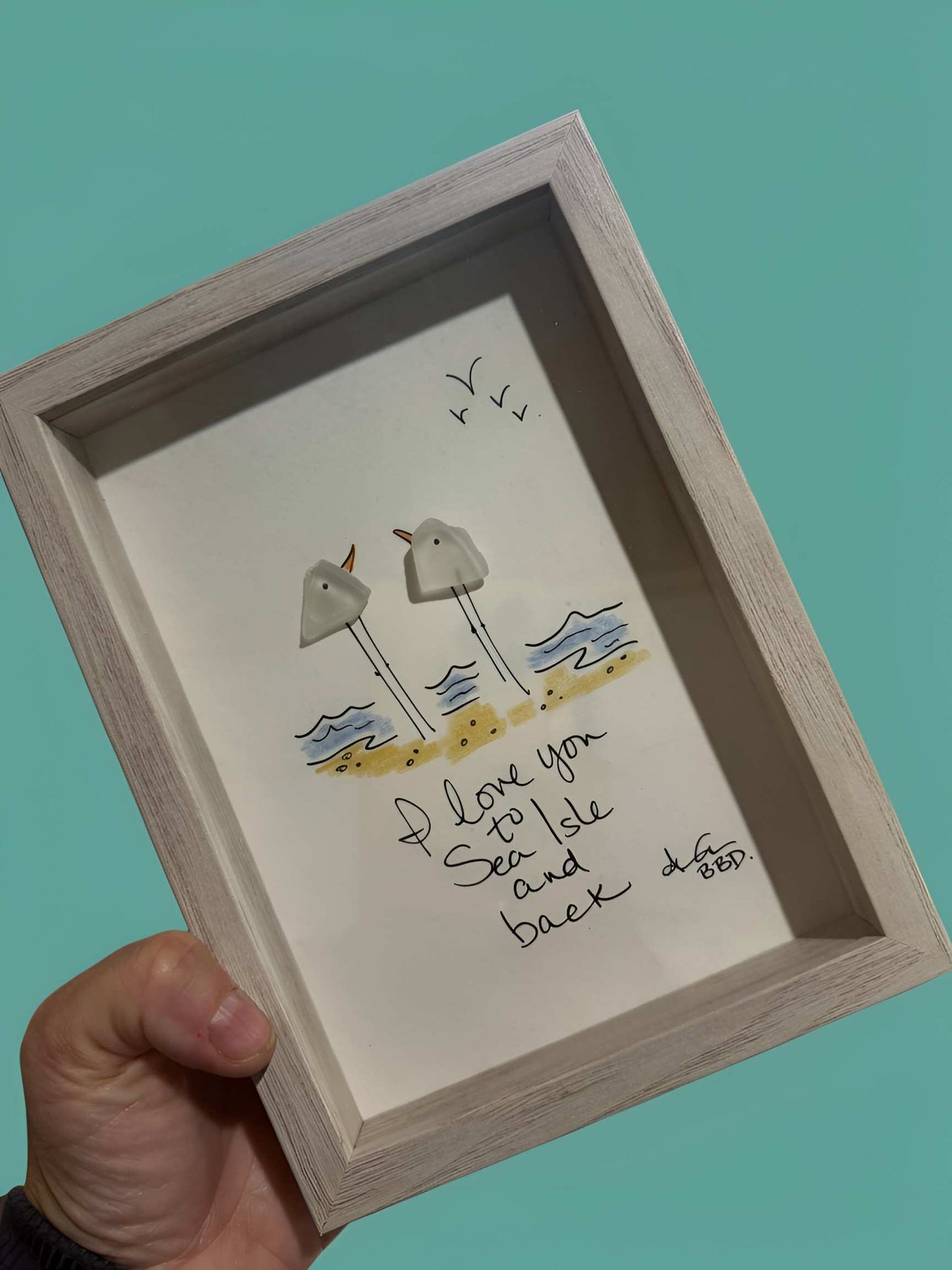 I love you to Sea Isle and Back - SLIM Sea Glass Art,  5x7 Whitewash Frame