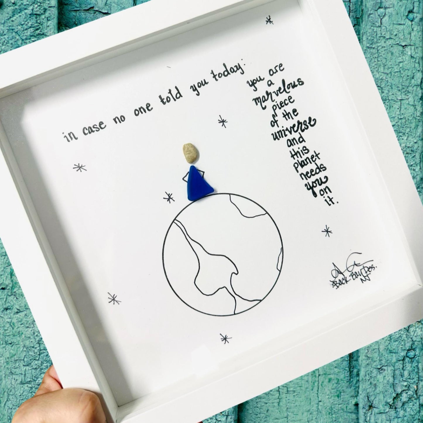 In_case_noone_old_you_today_Marvelous Framed artwork with text and illustration sea glass art