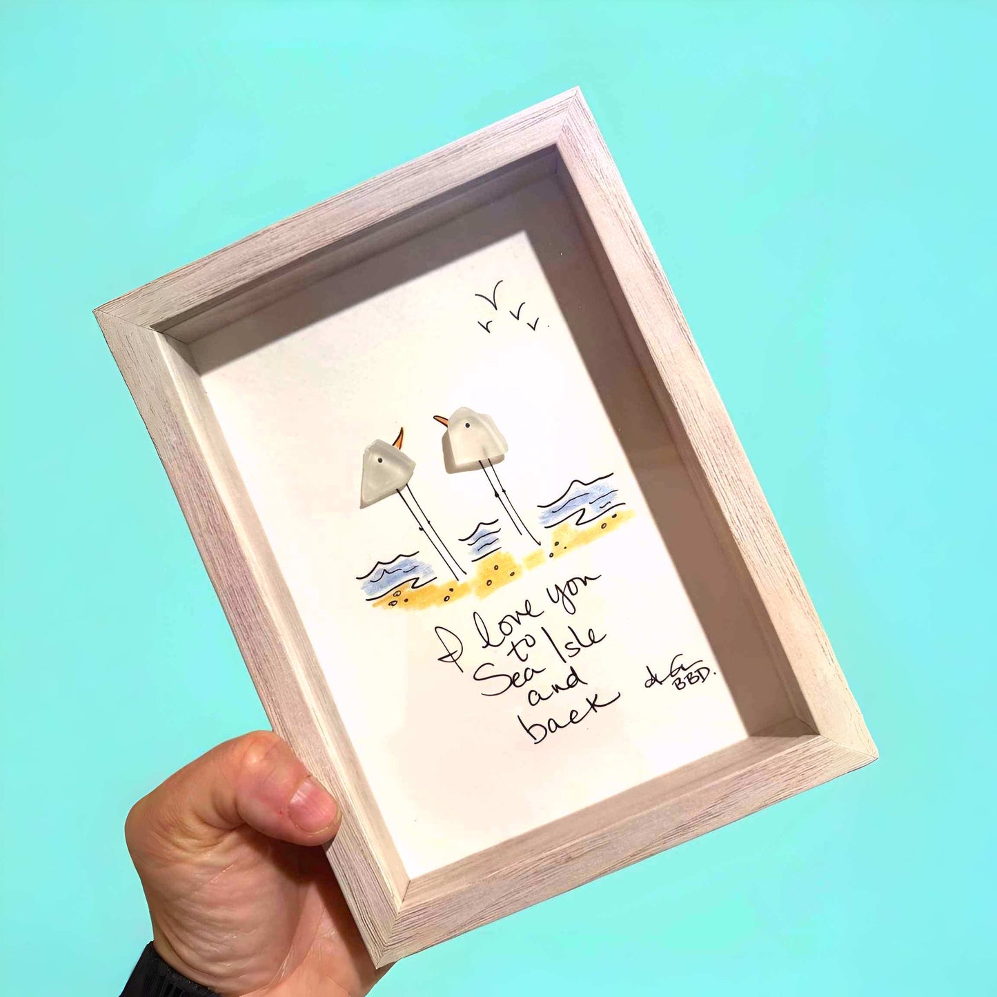 I love you to Sea Isle and Back - SLIM Sea Glass Art,  5x7 Whitewash Frame