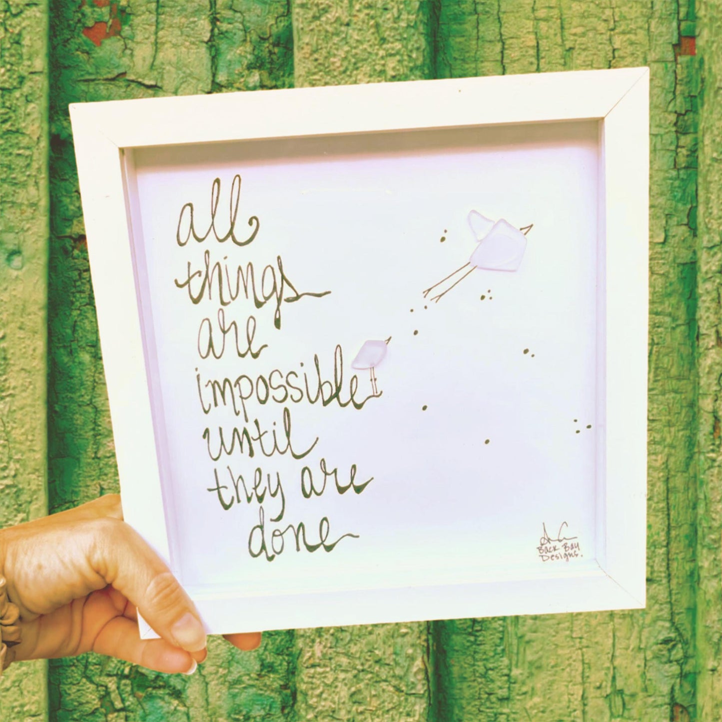 Impossible Until Its Done - Sea Glass Art, Graduation Gift, Office Classroom Decor, 8x8 framed