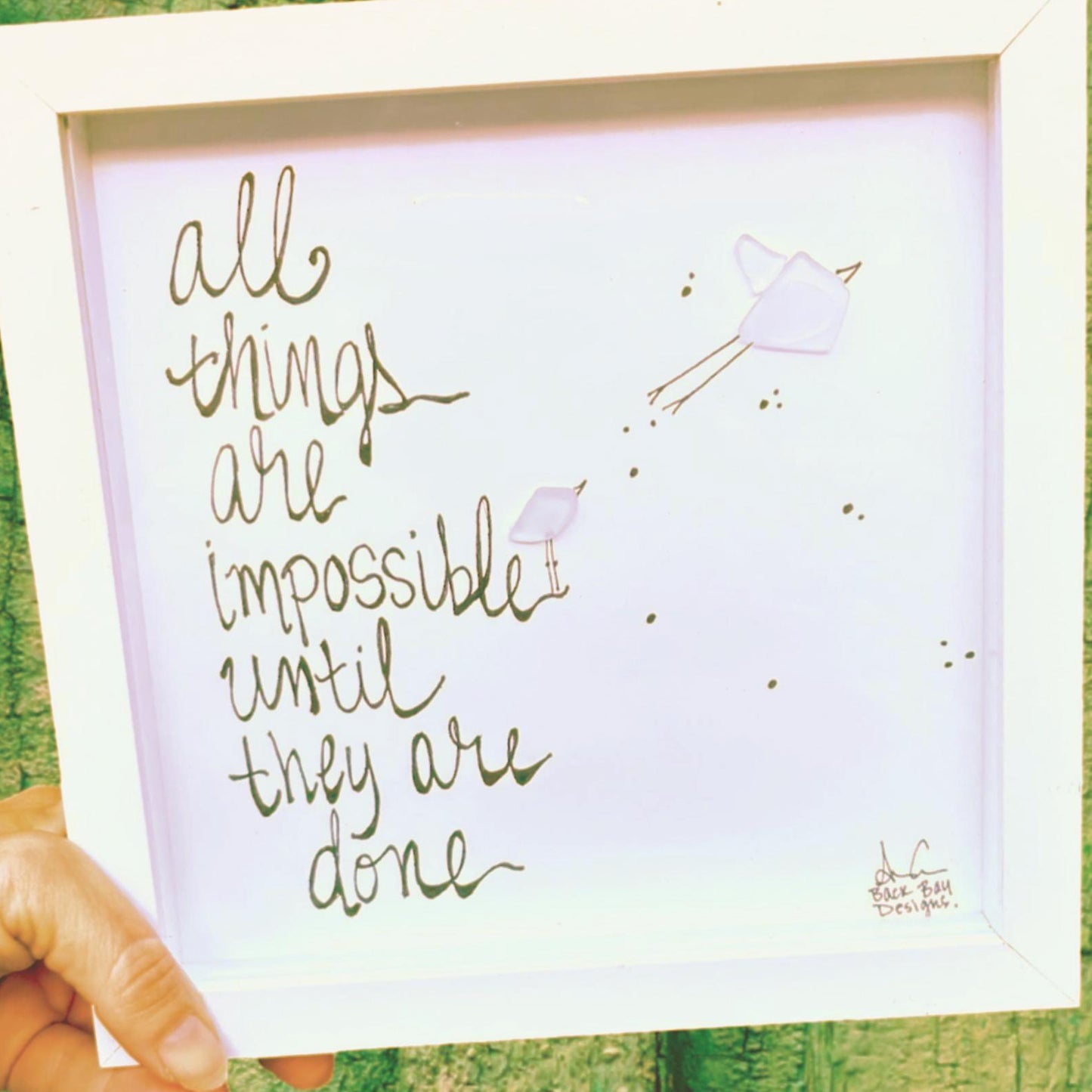 Impossible Until Its Done - Sea Glass Art, Graduation Gift, Office Classroom Decor, 8x8 framed