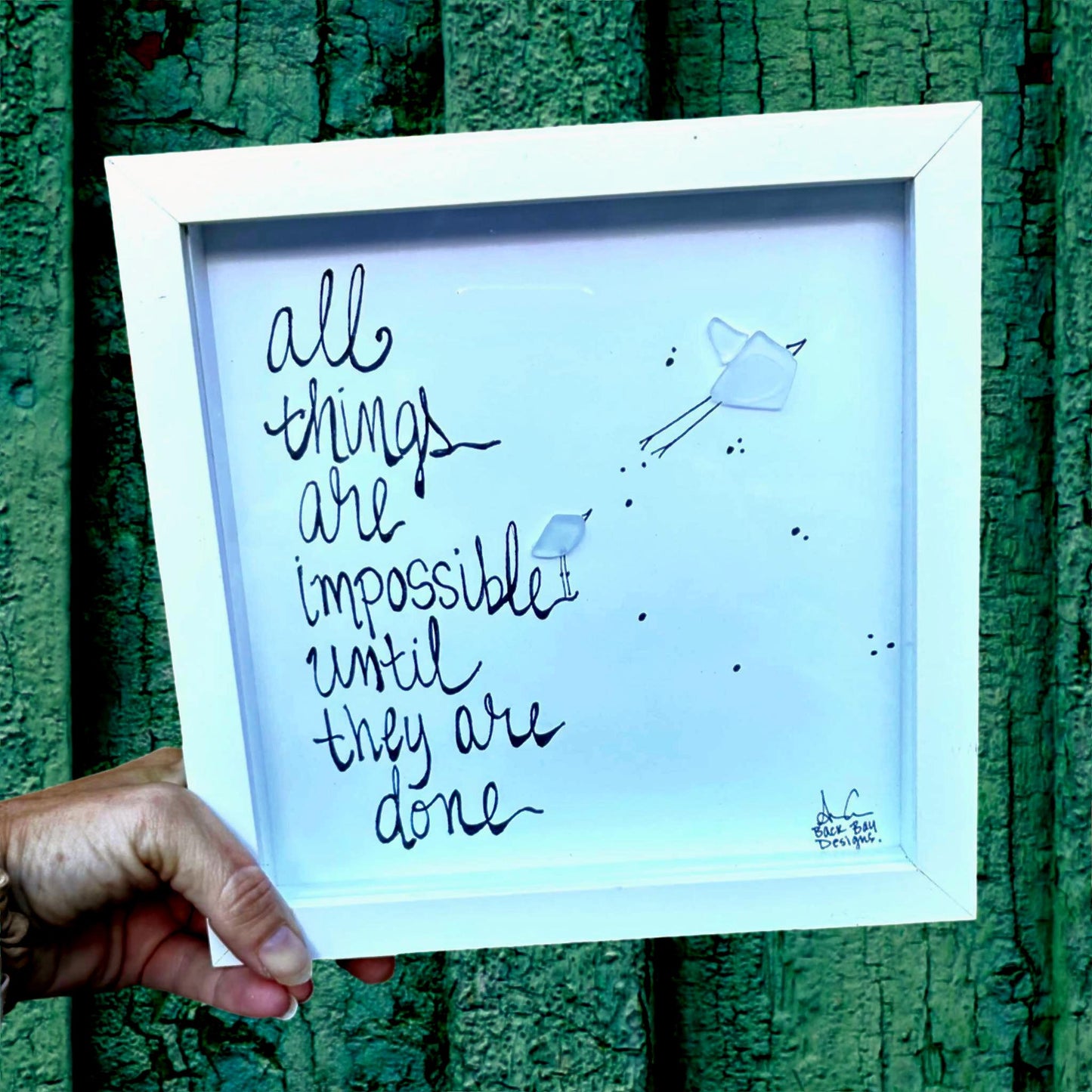 Impossible Until Its Done - Sea Glass Art, Graduation Gift, Office Classroom Decor, 8x8 framed