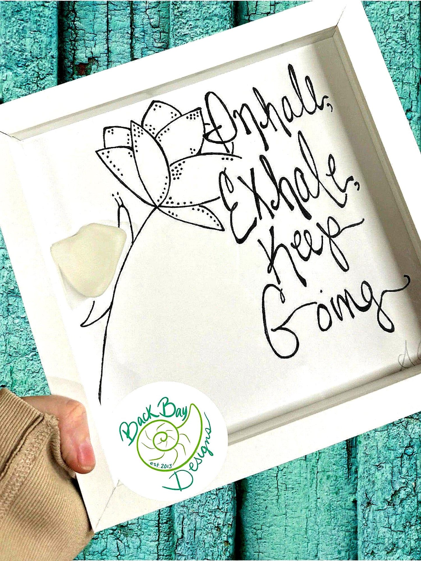 Inhale Exhale Keep Going - Sea Glass Art, Uplifting Gift, Mindful Meditation, 8x8 framed