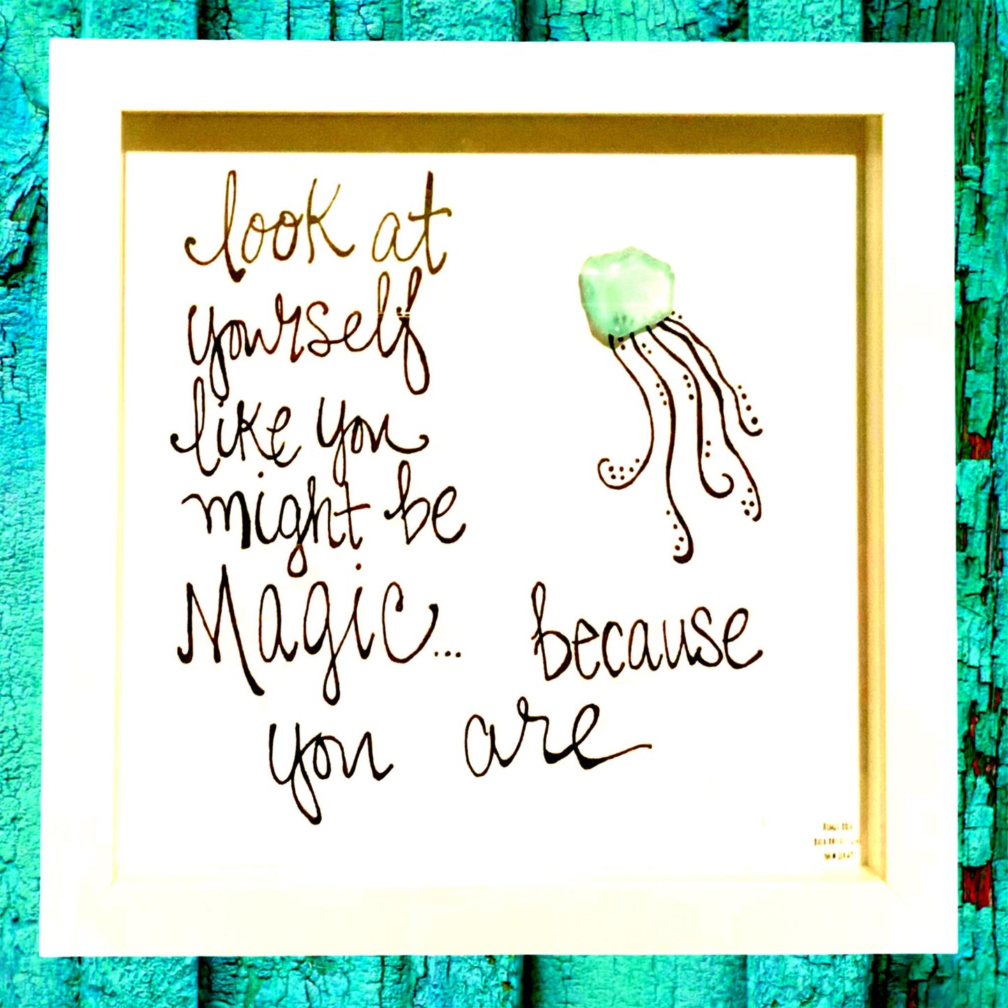 Jellyfish You Are Magic - Sea Glass Art, Birthday Gift, Baby Shower, Sea Life Nursery Decor, 8x8 framed