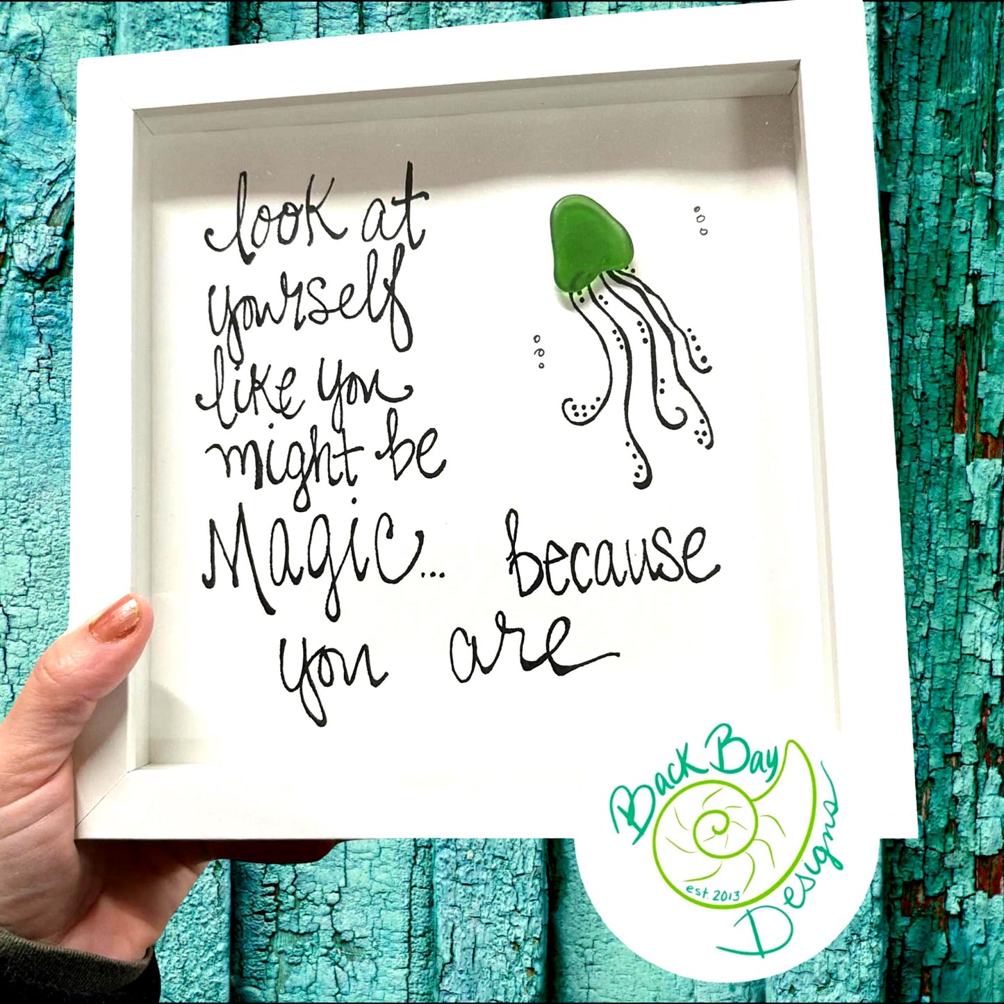 Jellyfish You Are Magic - Sea Glass Art, Birthday Gift, Baby Shower, Sea Life Nursery Decor, 8x8 framed