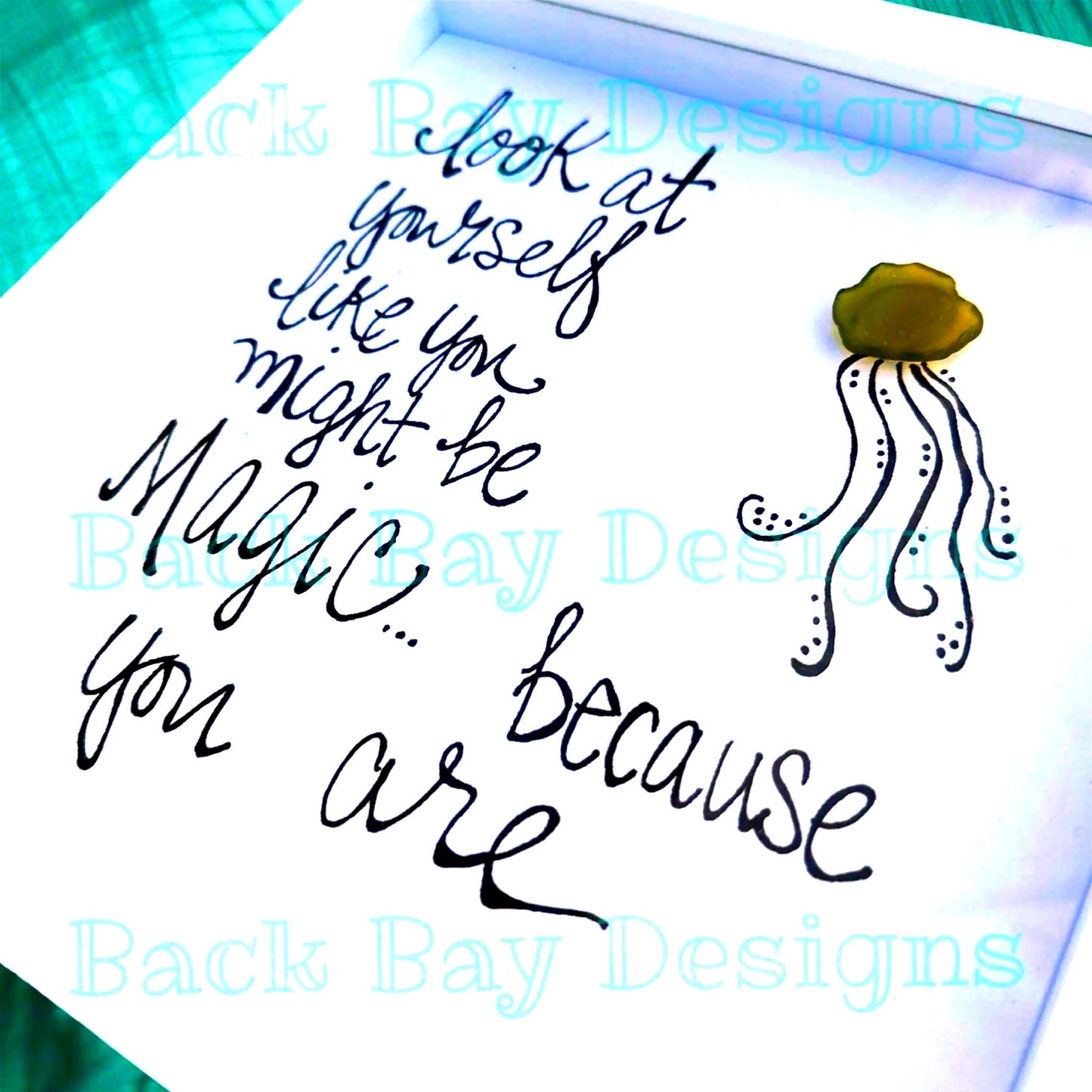 Jellyfish You Are Magic - Sea Glass Art, Birthday Gift, Baby Shower, Sea Life Nursery Decor, 8x8 framed