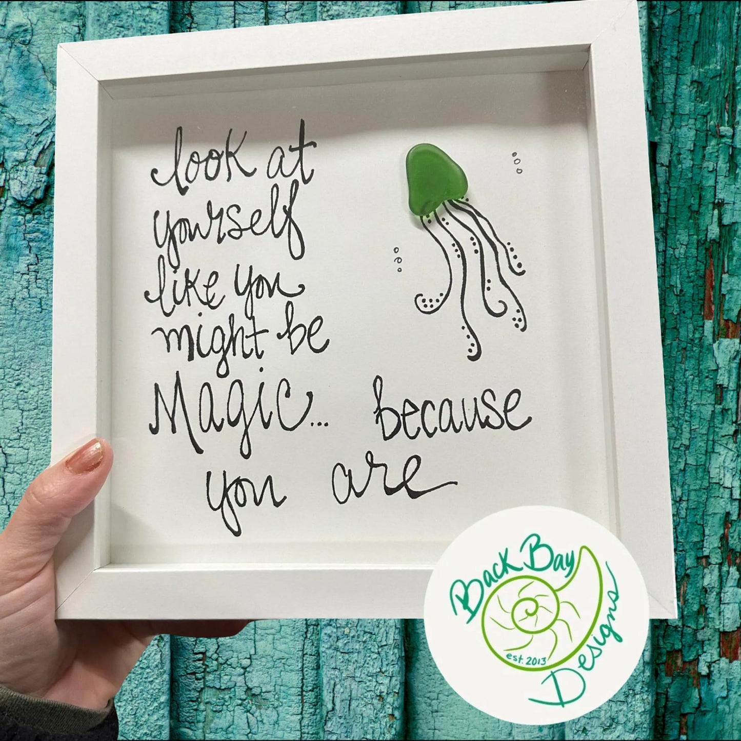 Jellyfish You Are Magic - Sea Glass Art, Birthday Gift, Baby Shower, Sea Life Nursery Decor, 8x8 framed