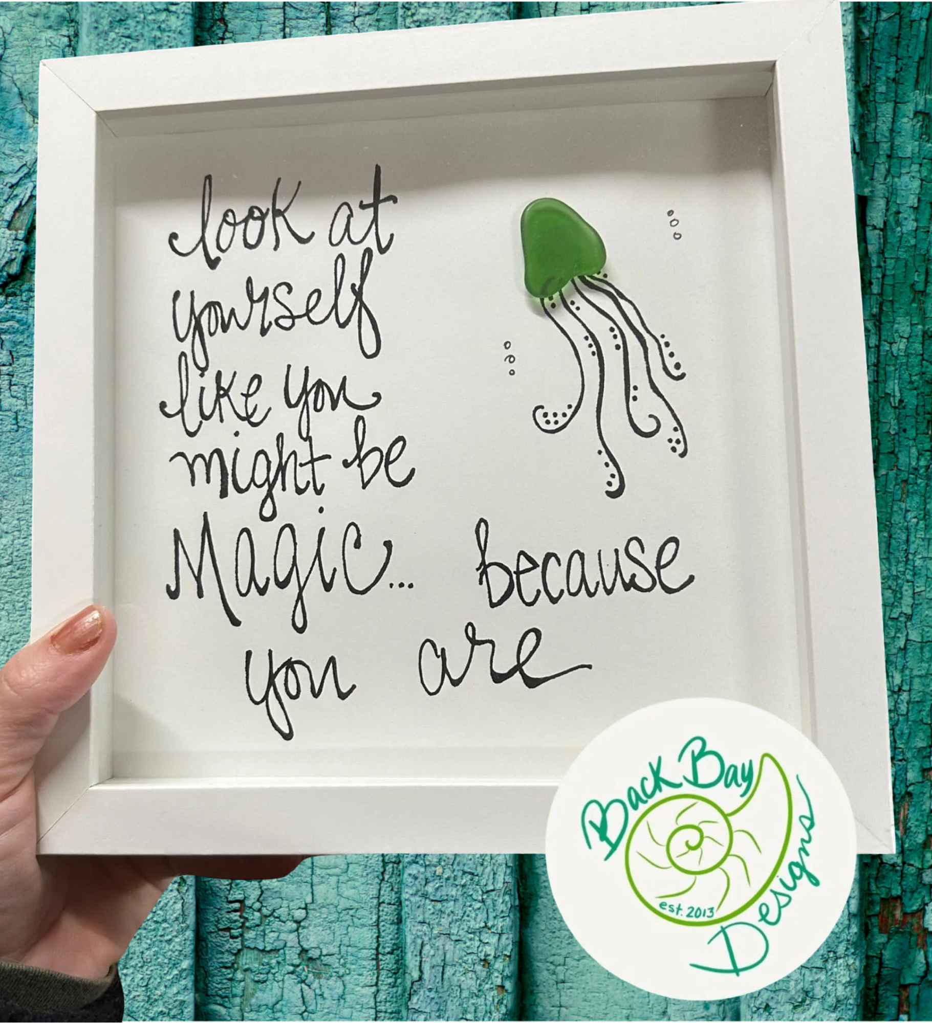 jellyfish magic sea glass art framed 8 inch with logo