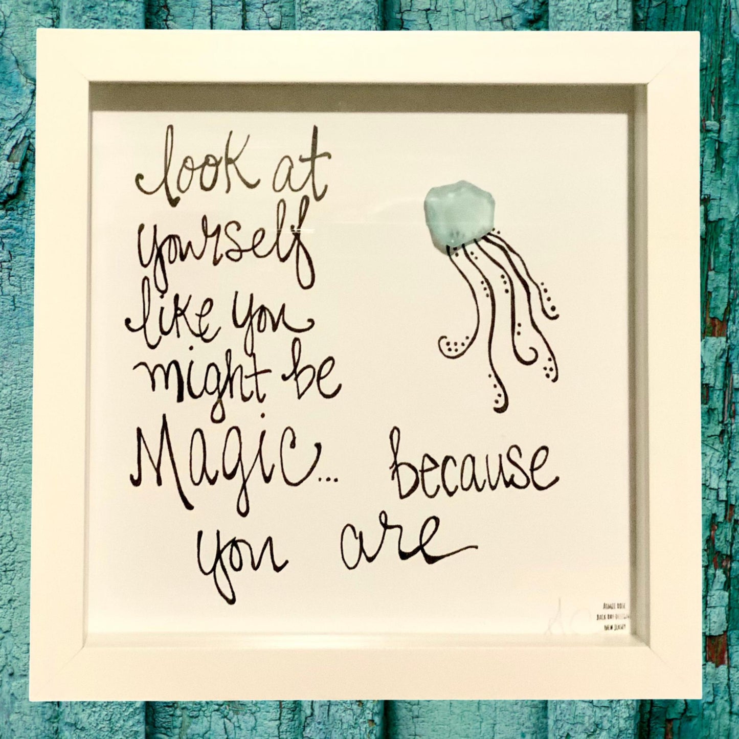Jellyfish You Are Magic - Sea Glass Art, Birthday Gift, Baby Shower, Sea Life Nursery Decor, 8x8 framed