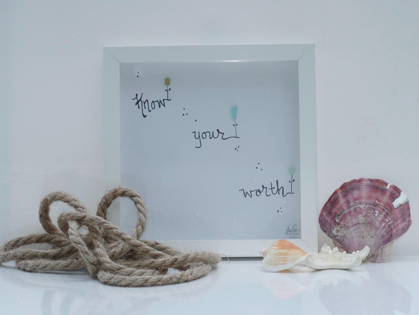 know your worth 8in sea glass art white with rope