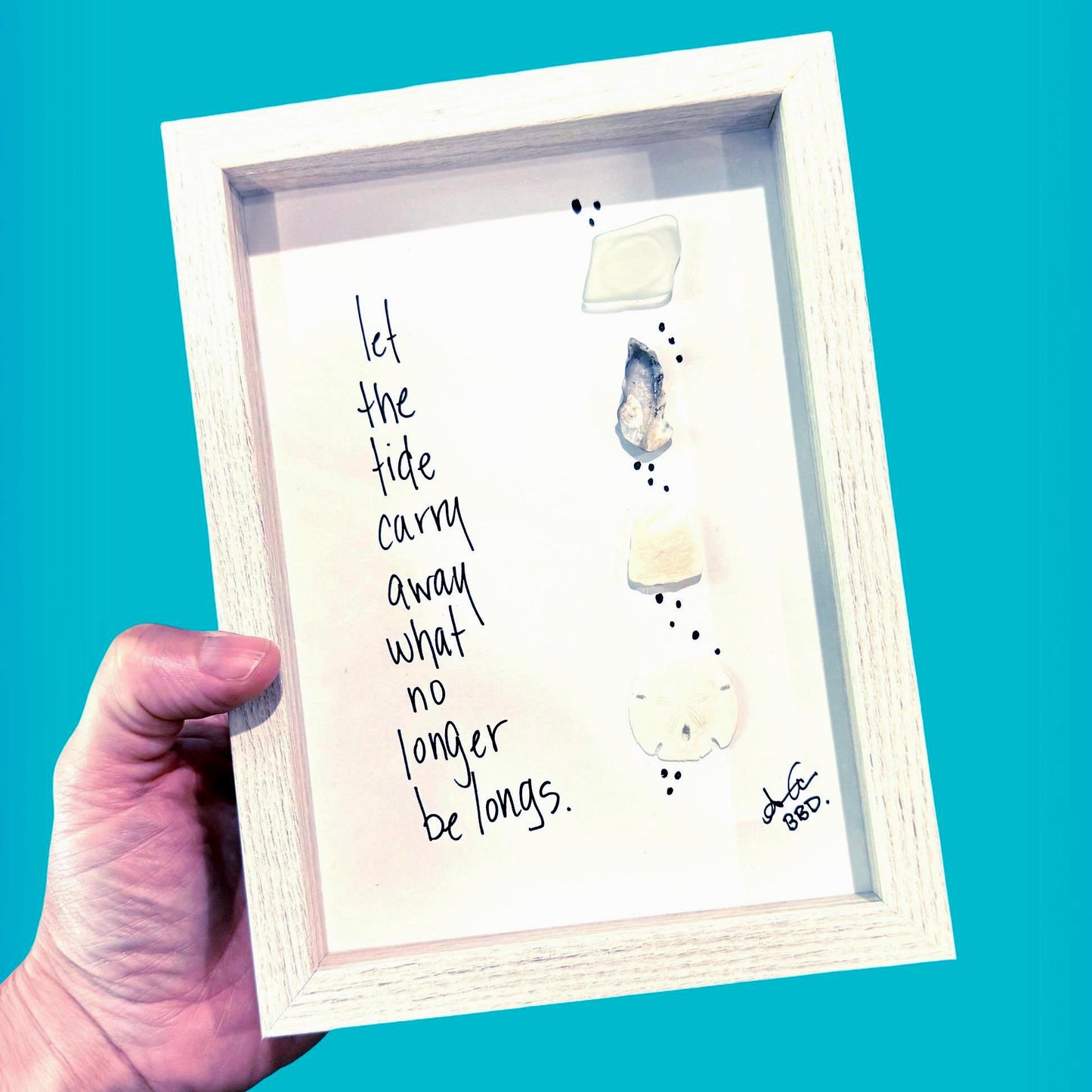 Let The Tide Carry Away  - SLIM Sea Glass Art,  5x7 Whitewash Frame