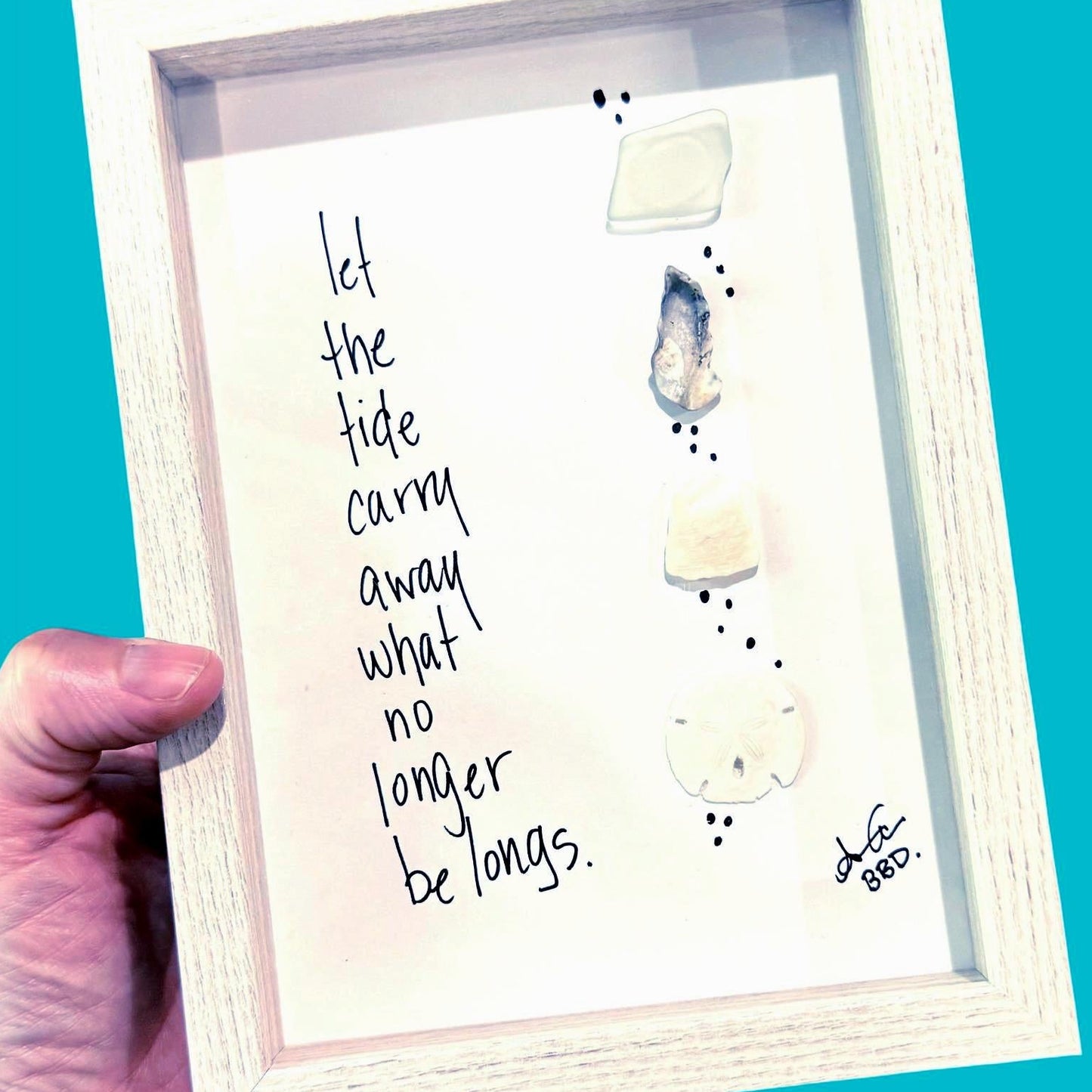 let_the_tide_carry_away_bright zoom "Let the tide carry away what no longer belongs.
 Real sea glass and real sea shells, with hand drawn bubbles rising around them