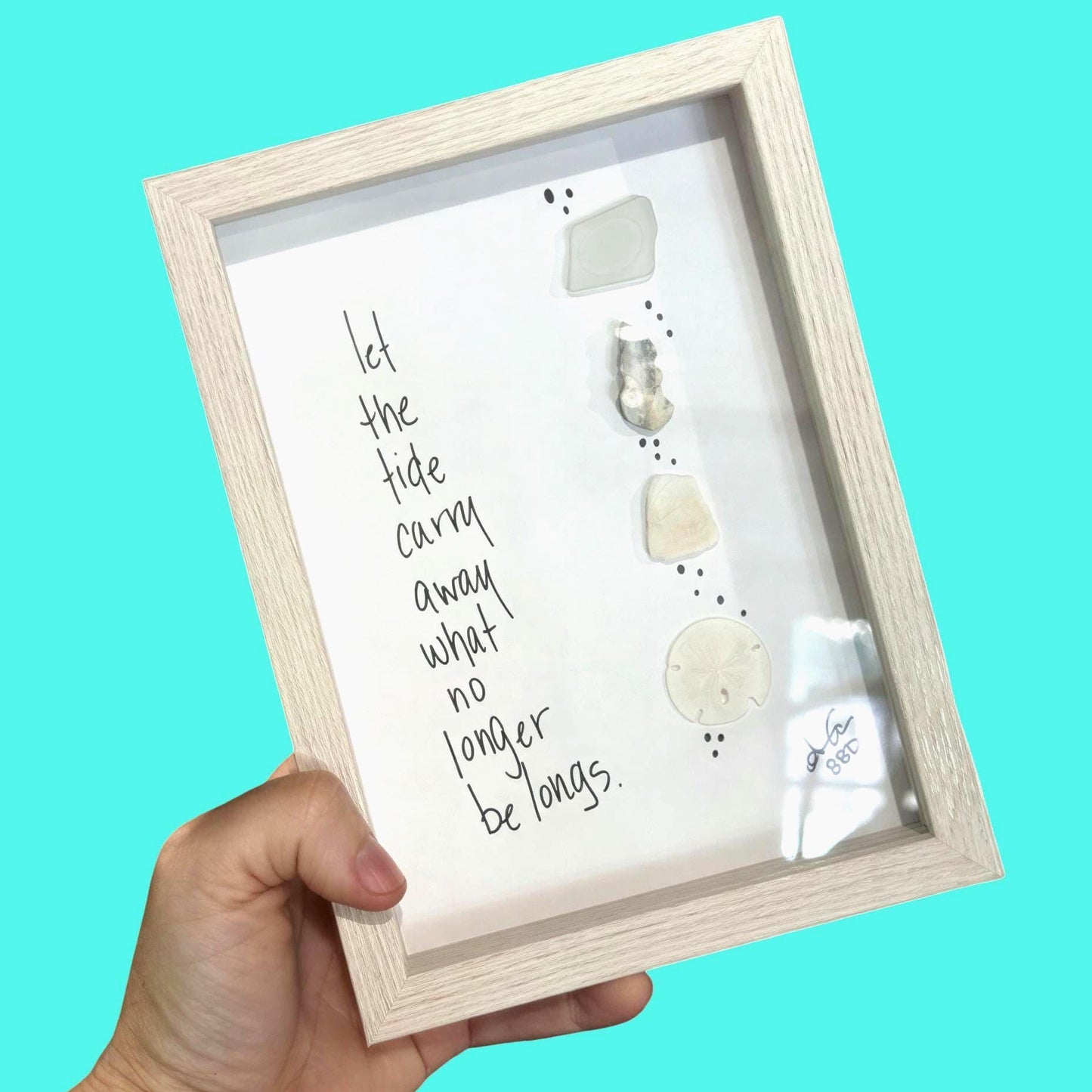 Let The Tide Carry Away  - SLIM Sea Glass Art,  5x7 Whitewash Frame