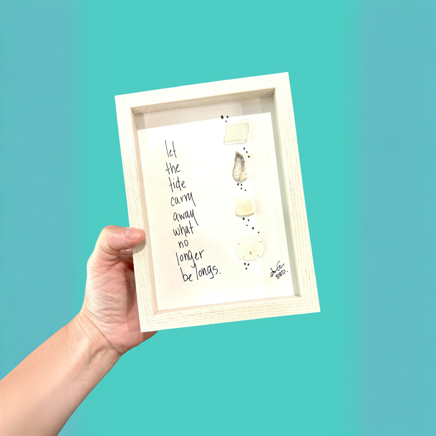 Let The Tide Carry Away  - SLIM Sea Glass Art,  5x7 Whitewash Frame