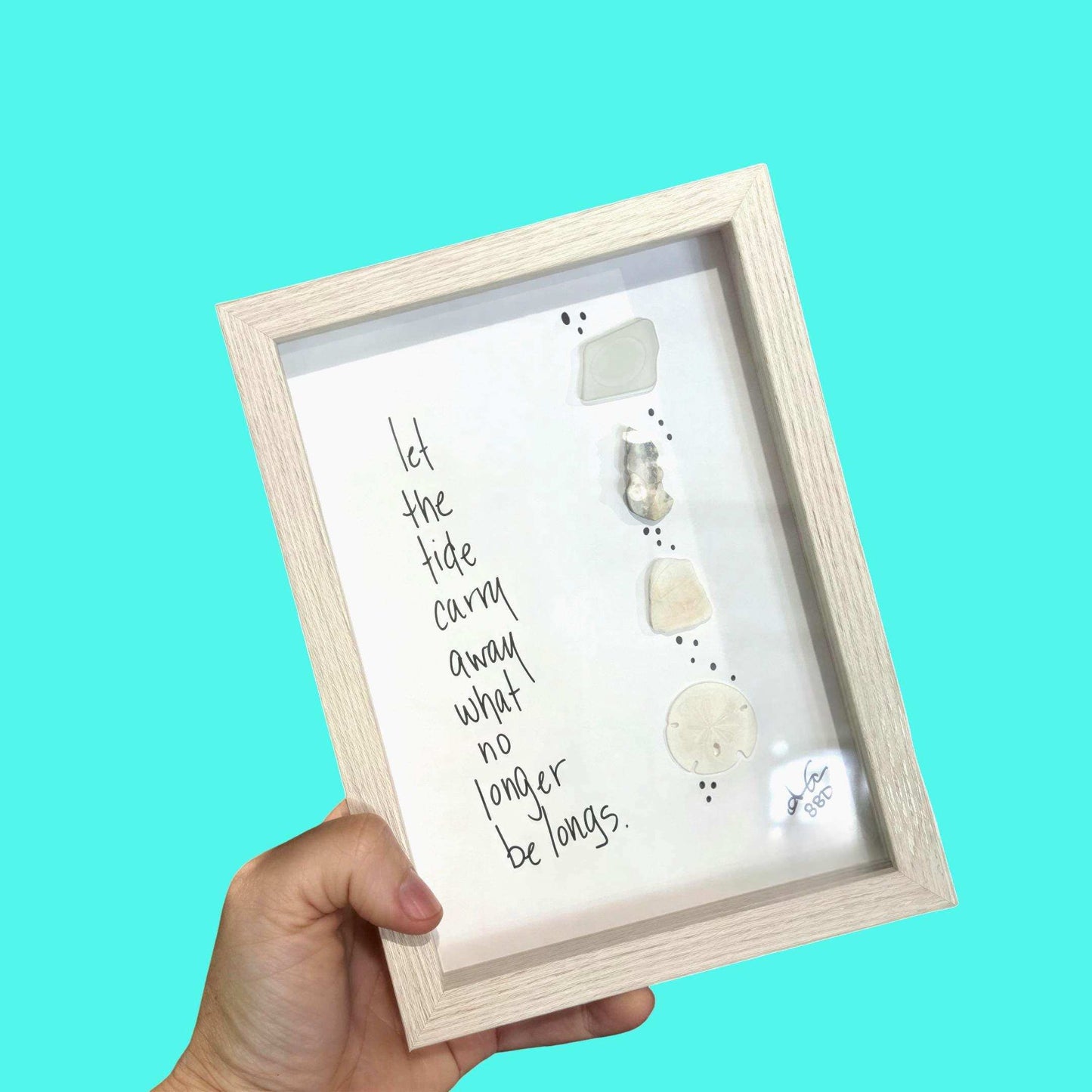 Let The Tide Carry Away  - SLIM Sea Glass Art,  5x7 Whitewash Frame