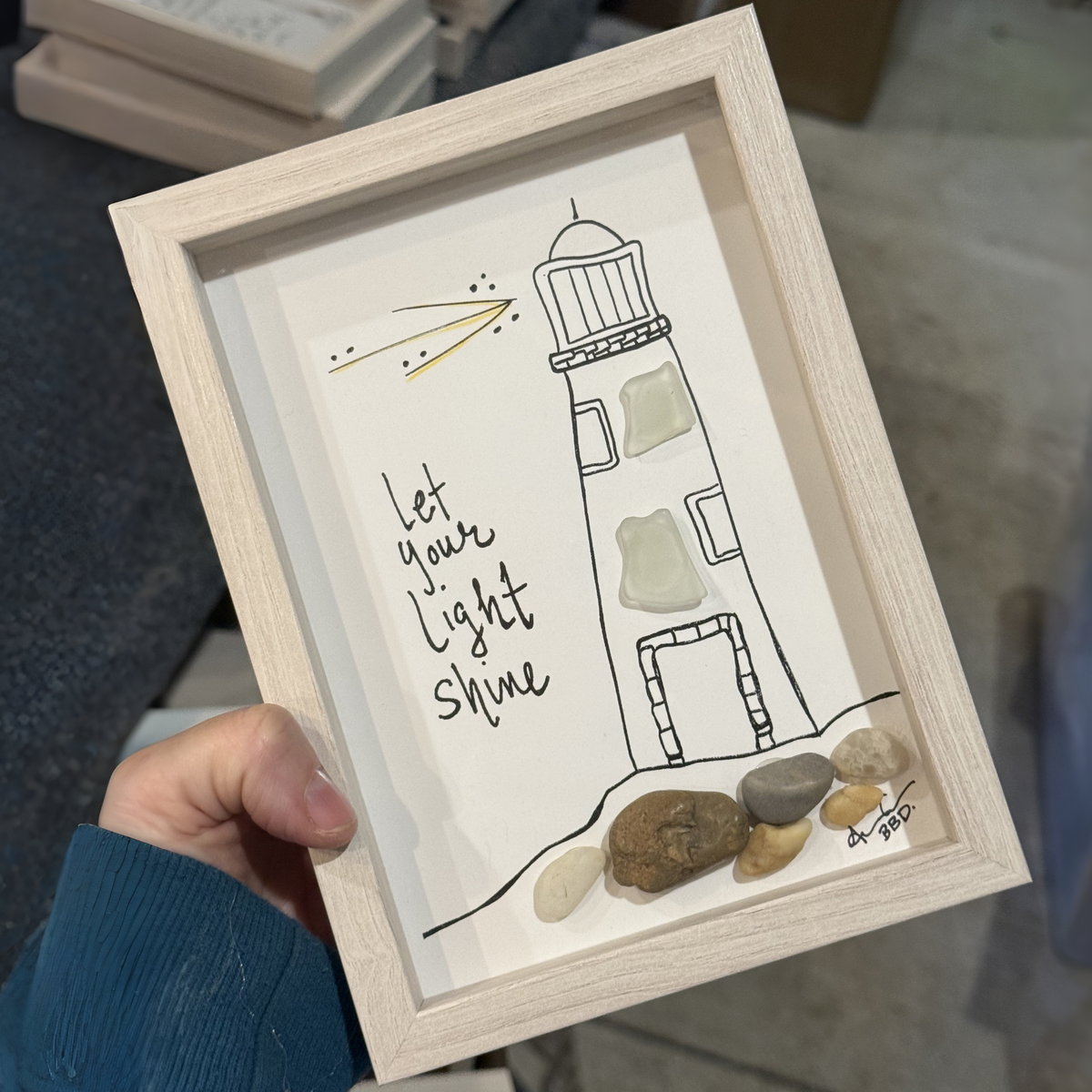 Lighthouse Let Your Light Shine - SLIM Sea Glass Art,  5x7 Whitewash Frame