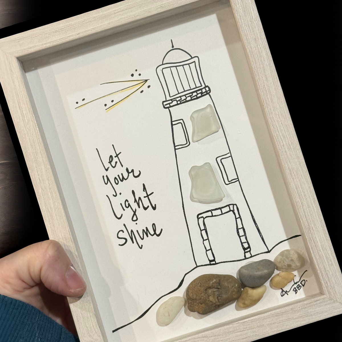 Lighthouse Let Your Light Shine - SLIM Sea Glass Art,  5x7 Whitewash Frame