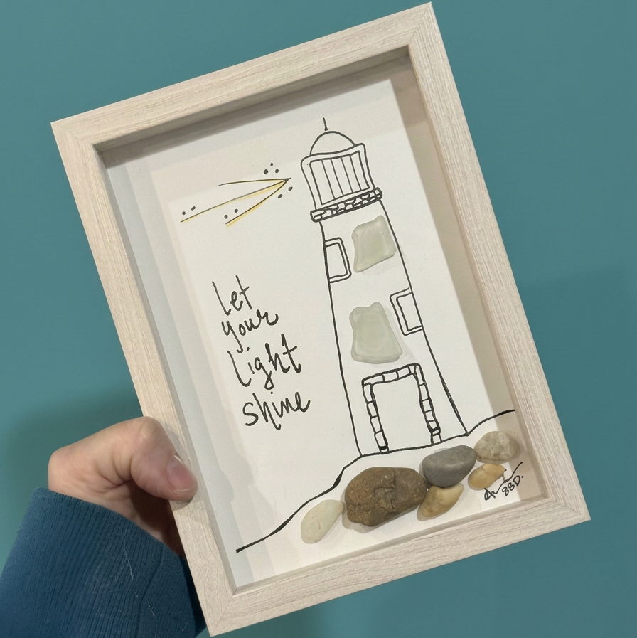 Lighthouse Let Your Light Shine - SLIM Sea Glass Art,  5x7 Whitewash Frame