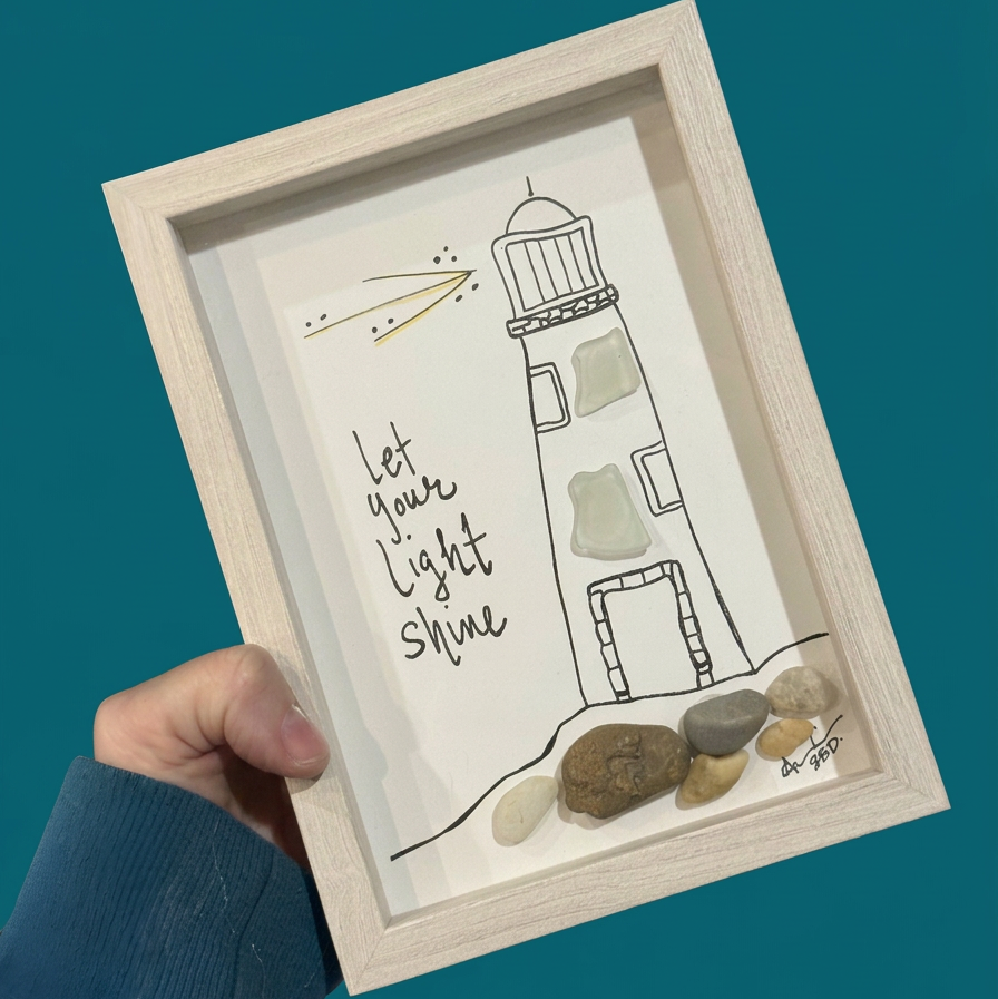 Lighthouse Let Your Light Shine - SLIM Sea Glass Art,  5x7 Whitewash Frame
