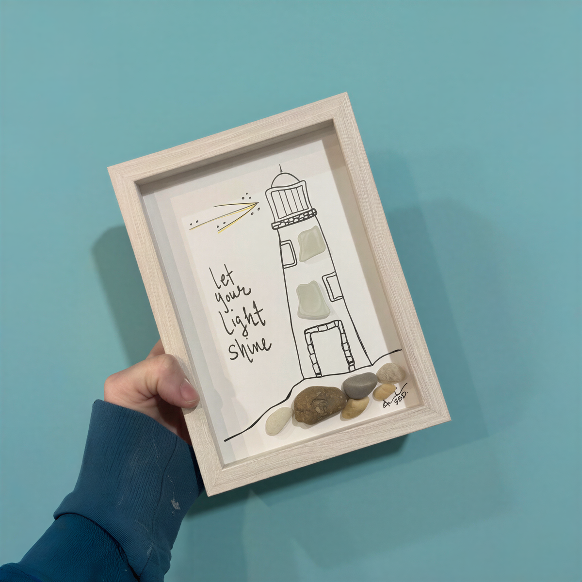 Lighthouse Let Your Light Shine - SLIM Sea Glass Art,  5x7 Whitewash Frame