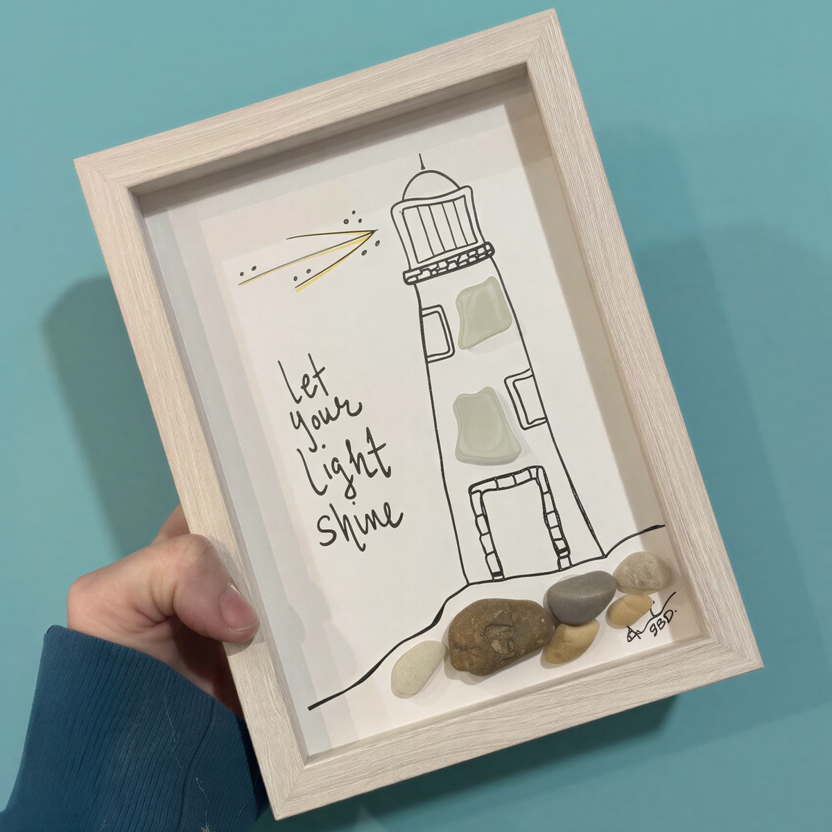 Lighthouse Let Your Light Shine - SLIM Sea Glass Art,  5x7 Whitewash Frame