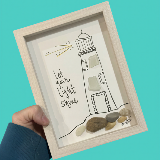 Lighthouse Let Your Light Shine - SLIM Sea Glass Art,  5x7 Whitewash Frame