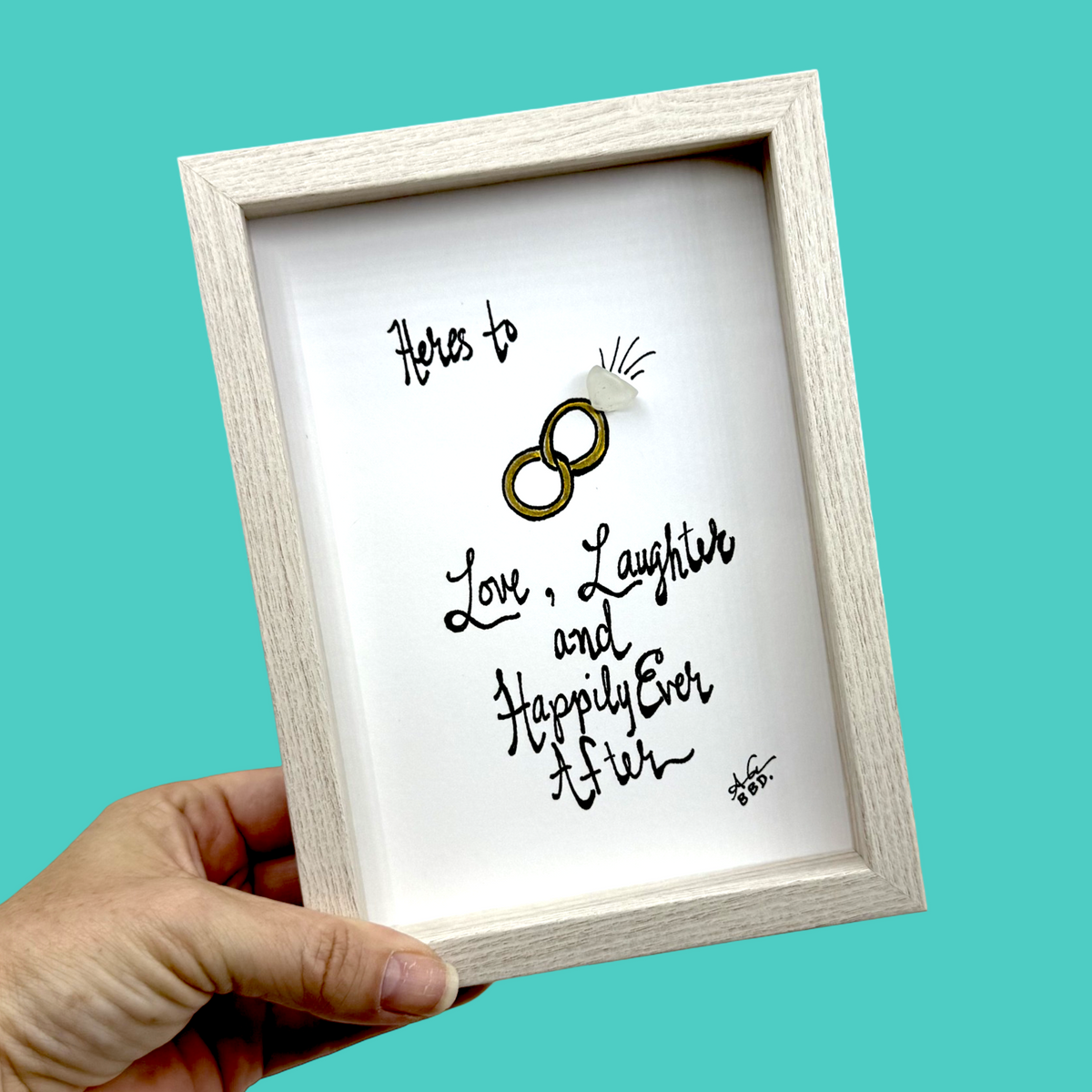 Wedding Love Laughter Happily Ever After - SLIM Sea Glass Art,  5x7 Whitewash Frame