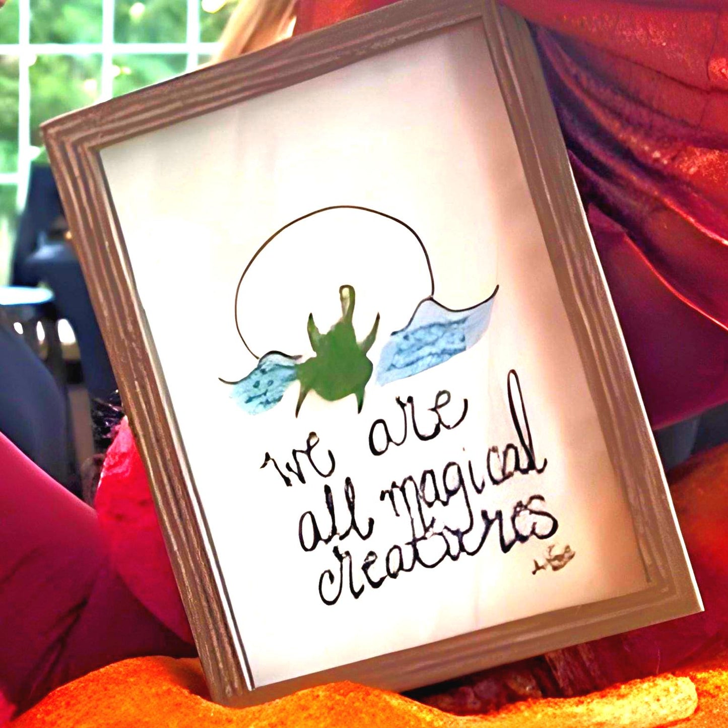 Magical Creatures  - SLIM Sea Glass Art,  5x7 Driftwood Frame