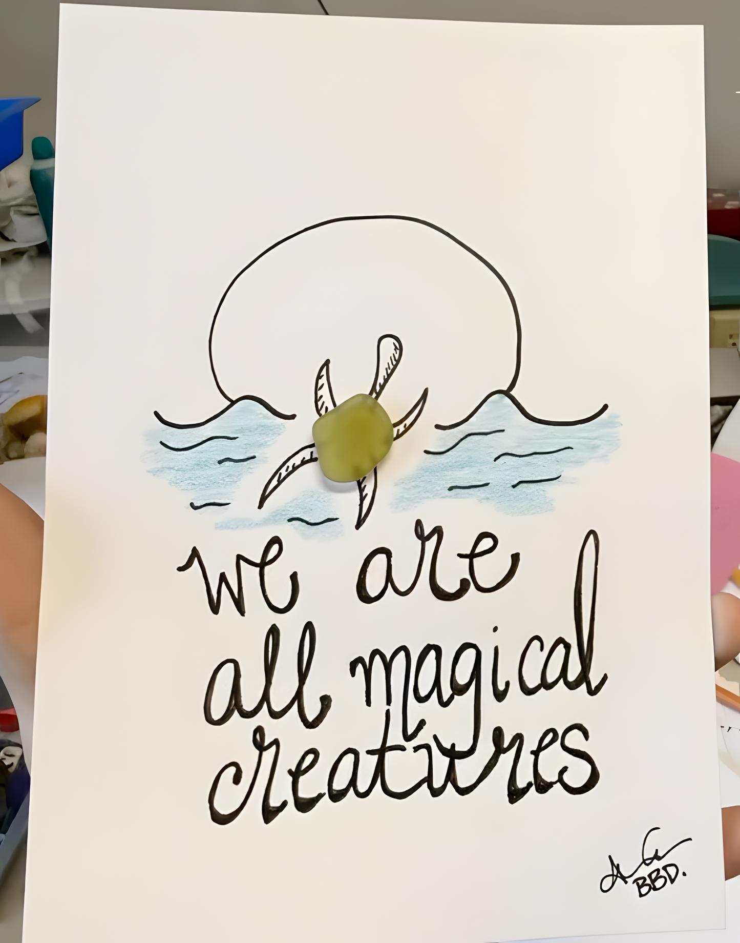 Magical Creatures  - SLIM Sea Glass Art,  5x7 Driftwood Frame