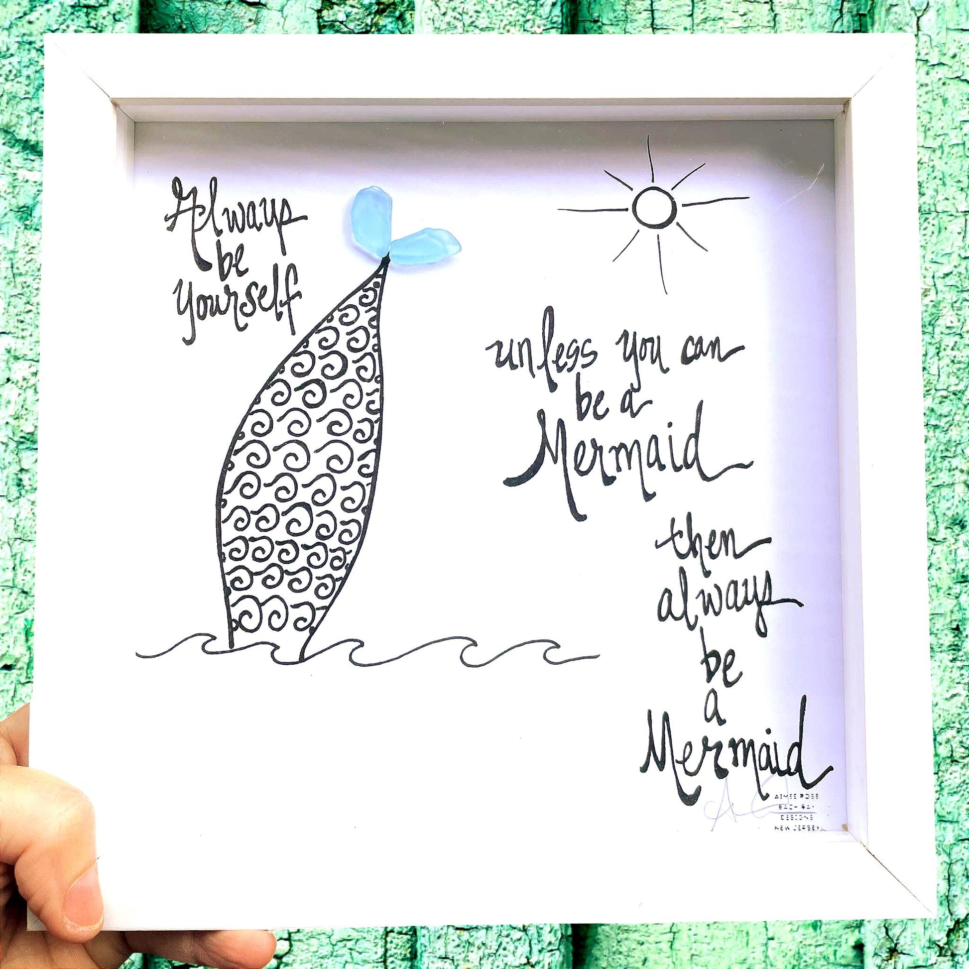 mermaid always 8x8 inch framed sea glass art 