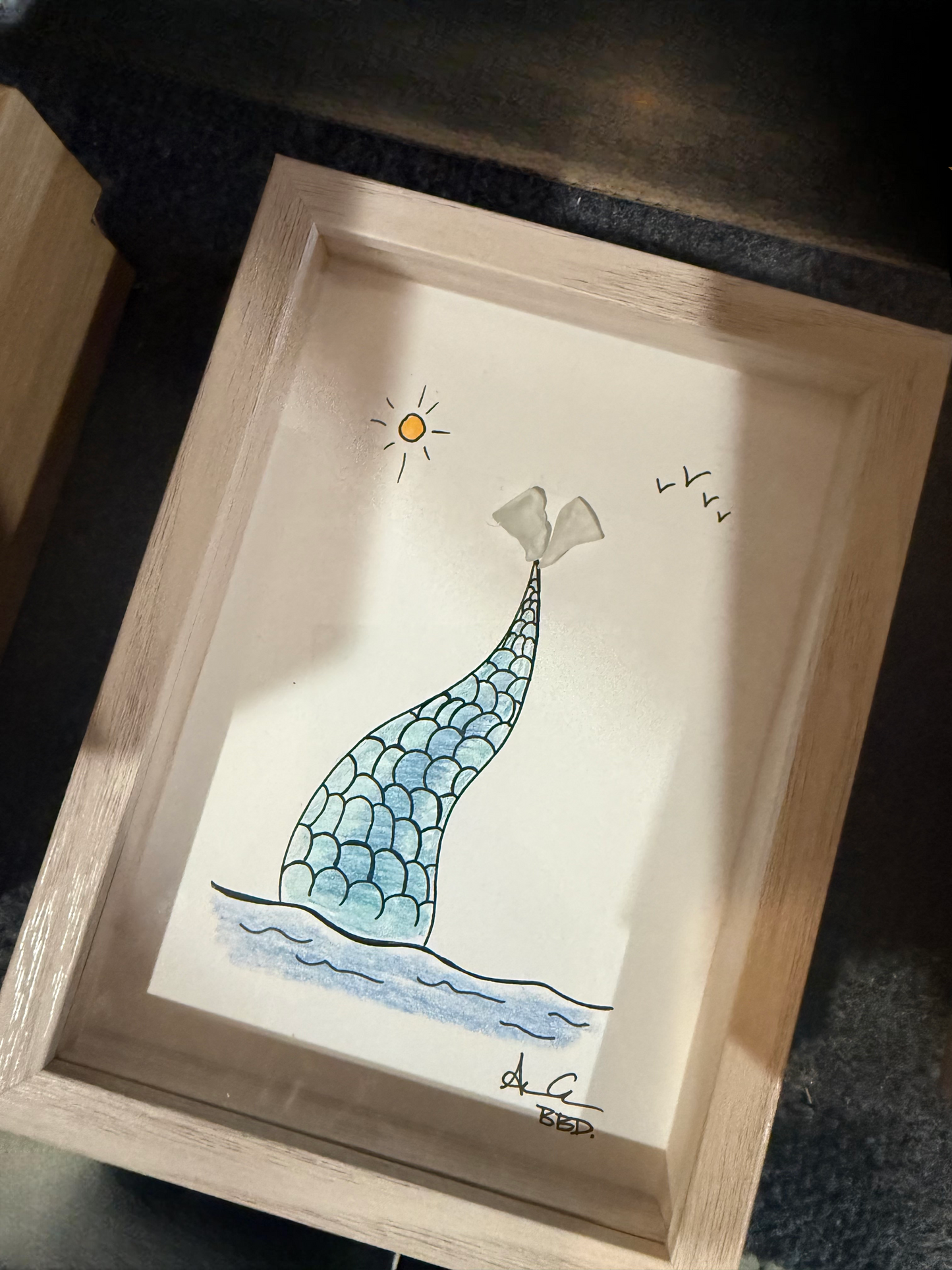 Mermaid Tail Diving (With Color) - SLIM Sea Glass Art,  5x7 Whitewash Frame